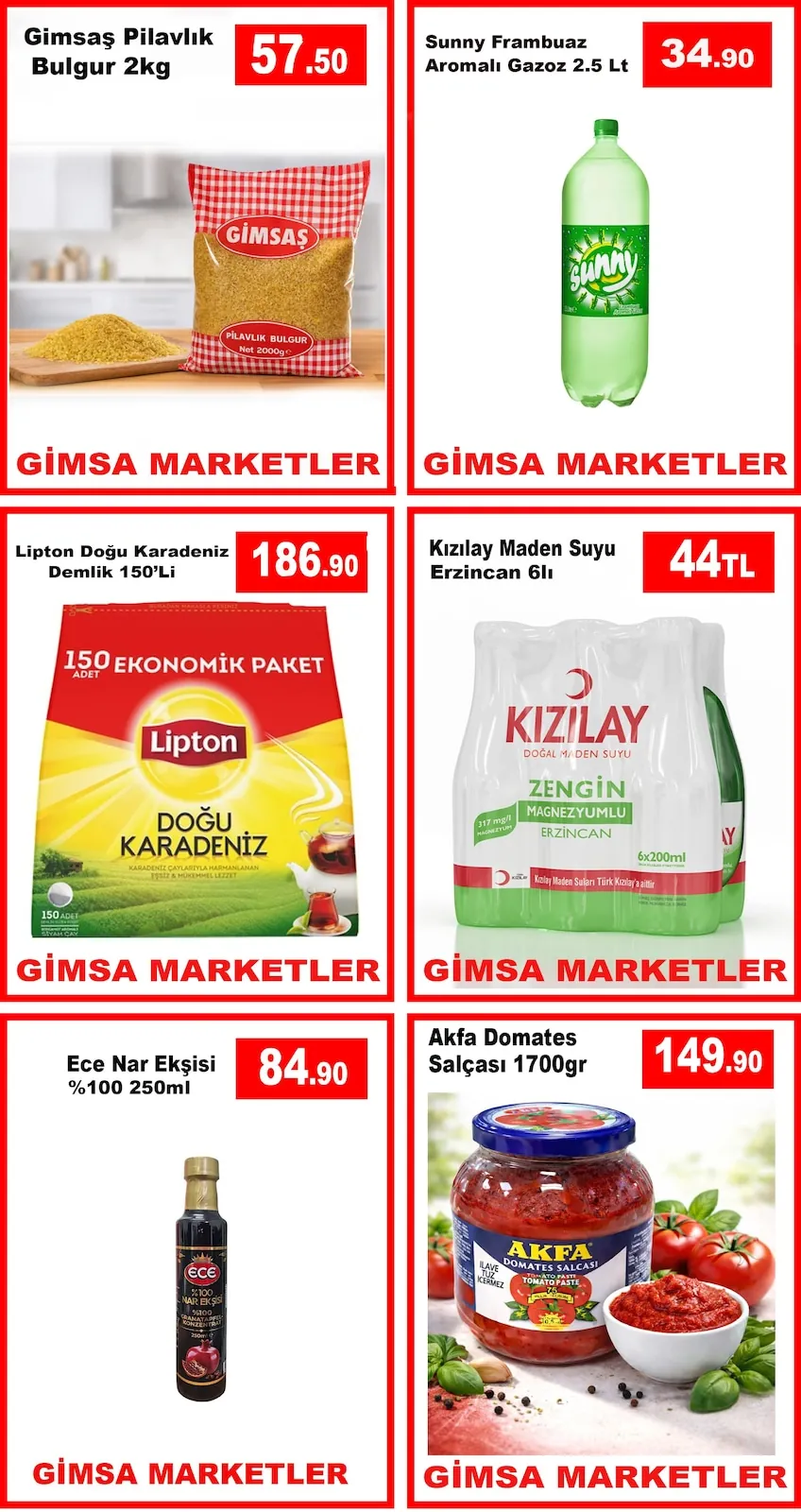 Gimsa Gimsa 7 Mayıs 2026 Aktüel Kataloğu sayfa 1: Kızılay Maden Suyu Erzincan 6Li, Akfa Domates Salçası 1700Gr