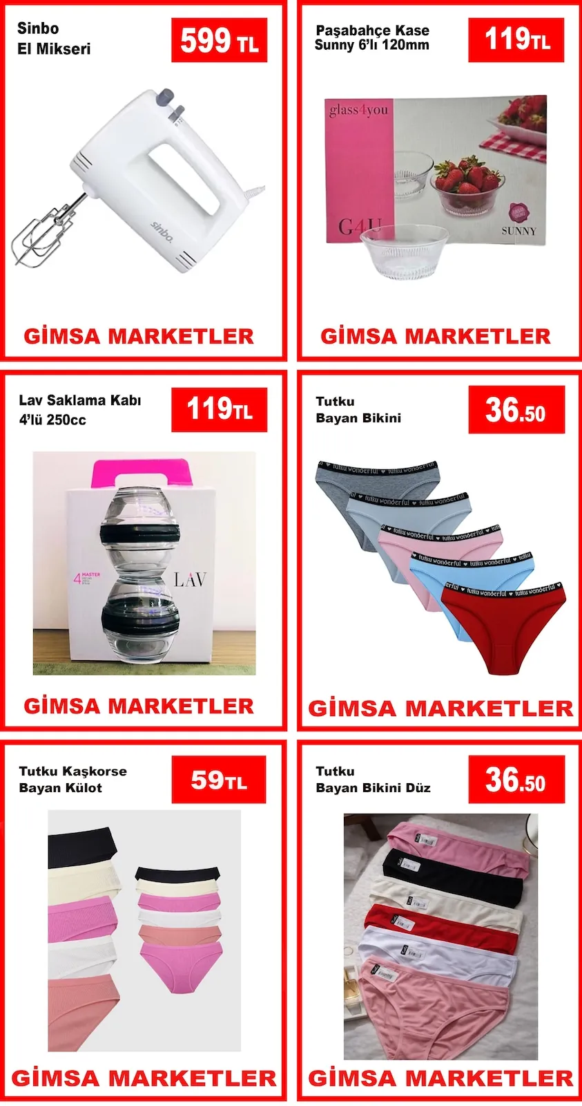 Gimsa Gimsa 13 Mayıs 2026 Aktüel Kataloğu sayfa 2: Sinbo El Mikseri, Tutku Bayan Bikini Düz