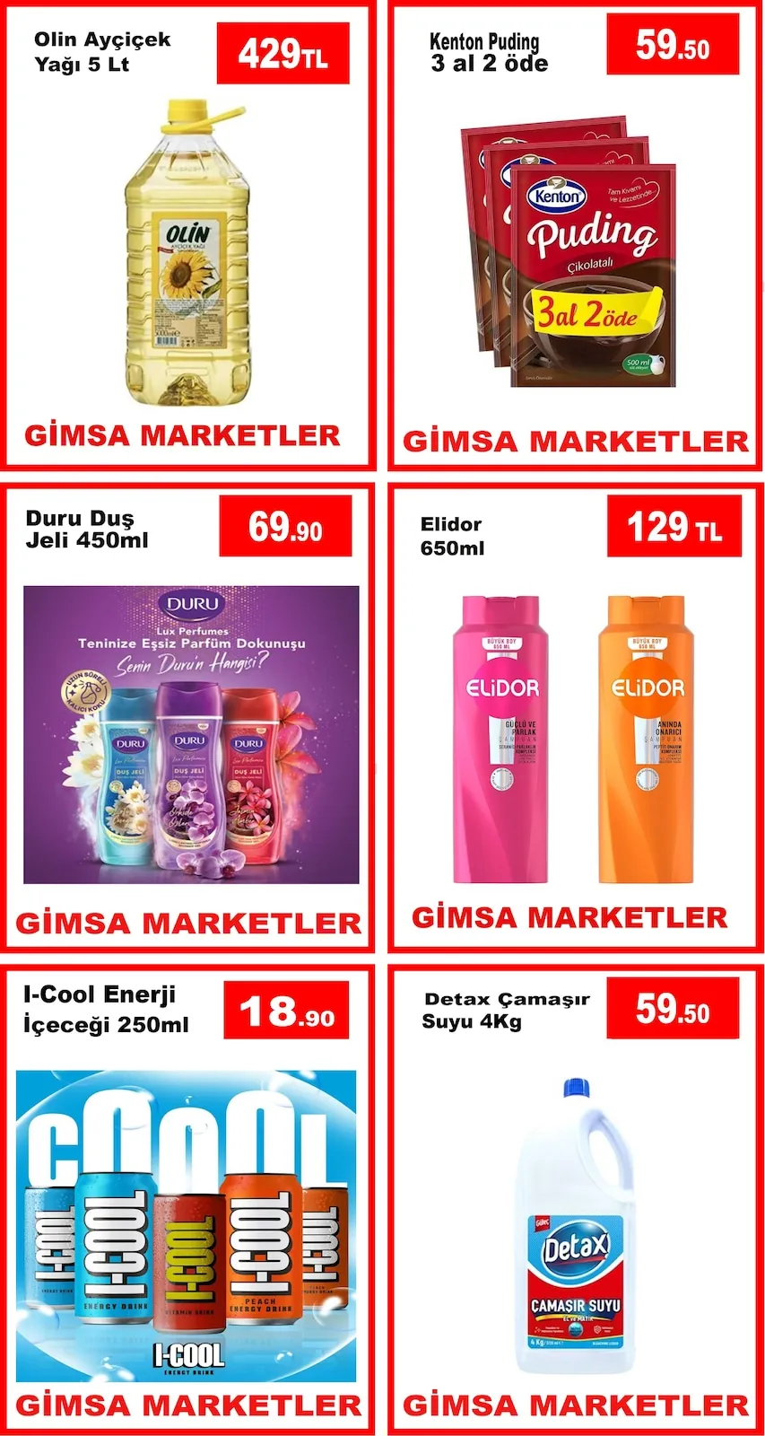 Gimsa Gimsa 15 Mayıs 2026 Aktüel Kataloğu sayfa 2: Detax Çamaşır Suyu 4Kg, Olin Ayçiçek Yağı 5 Lt