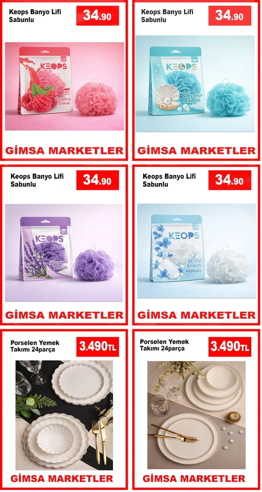 Gimsa Gimsa 18 Mayıs 2026 Aktüel Kataloğu sayfa 1: Porselen Yemek Takımı 24 Parça, Keops Banyo Lifi Sabunlu