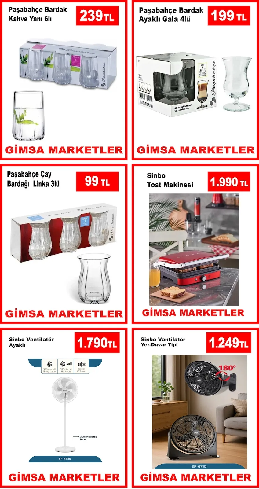Gimsa Gimsa 25 Mayıs 2026 Aktüel Kataloğu sayfa 2: Paşabahçe Bardak Ayaklı Gala 4Lü, Sinbo Tost Makinesi