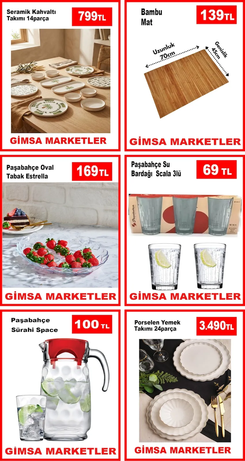 Gimsa Gimsa 31 Mayıs 2026 Aktüel Kataloğu sayfa 1: Bambu Mat 70X45Cm, Seramik Kahvaltı Takımı 14 Parça