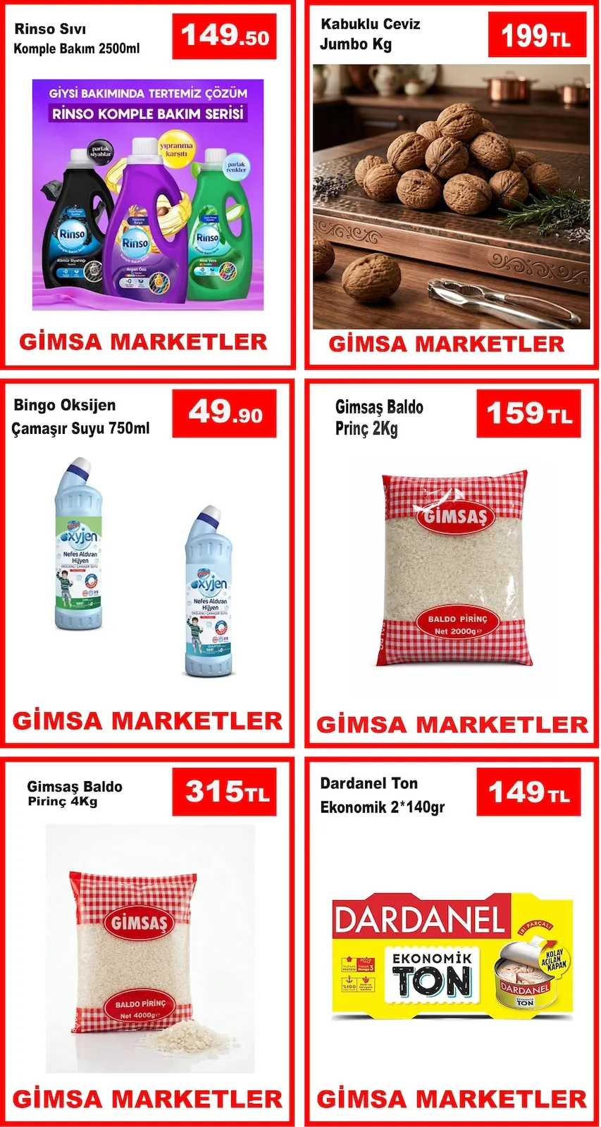 Gimsa Gimsa 2 Haziran 2026 Aktüel Kataloğu sayfa 3: Gimsaş Baldo Pirinç 2 Kg, Bingo Oksijen Çamaşır Suyu 750Ml
