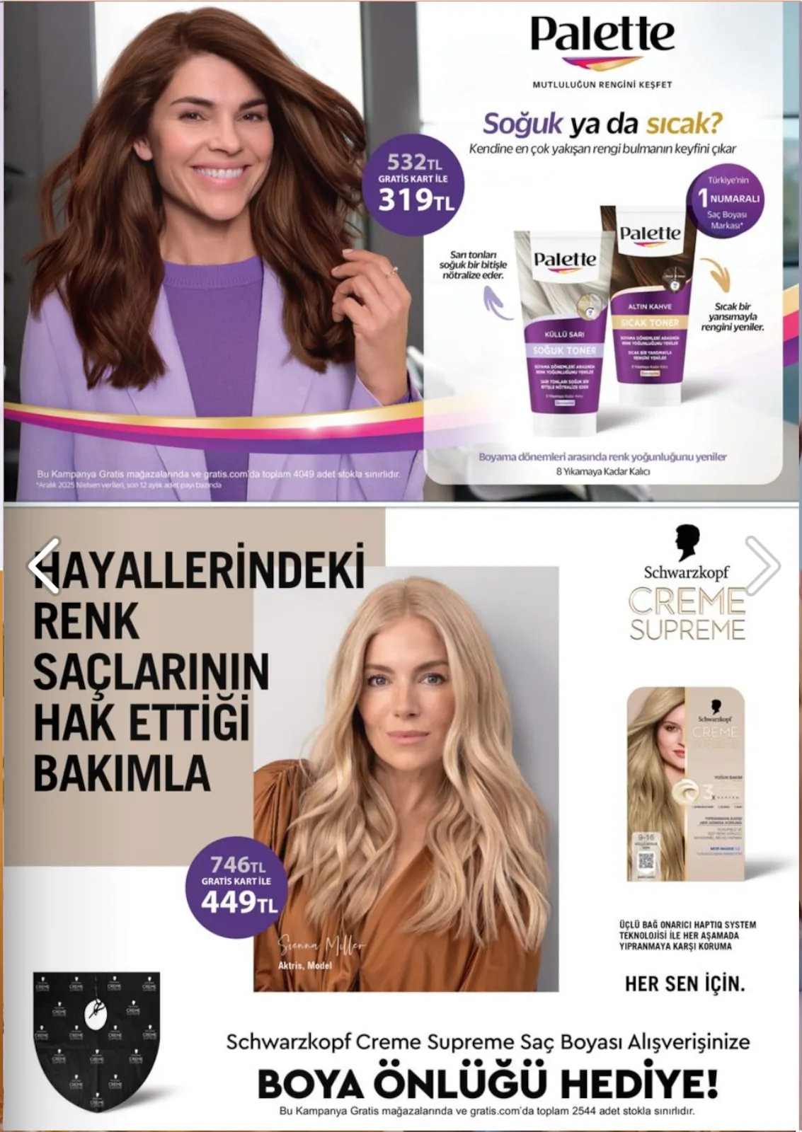 Gratis Gratis 5 Mayıs 2026 Aktüel Kataloğu sayfa 47: Schwarzkopf Creme Supreme Saç Boyası Ve Ürün Koruyucu Önlük, Palette Saç Boyası