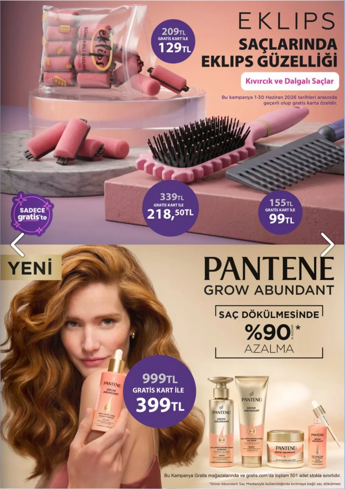 Gratis Gratis 1 Haziran 2026 Aktüel Kataloğu sayfa 43: Pantene Grow Abundant Saç Dökülmesine Karşı Serum 30Ml, Eklips Süngerli Bigudi
