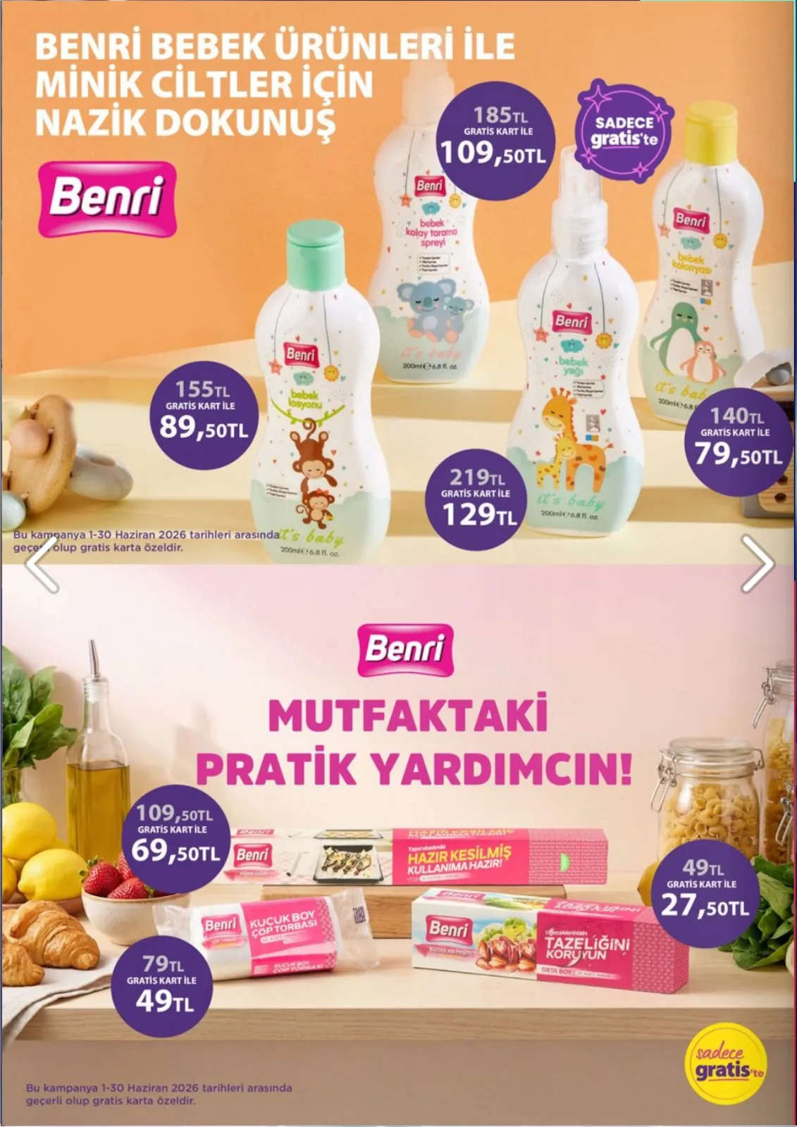 Gratis Gratis 1 Haziran 2026 Aktüel Kataloğu sayfa 62: Benri Hazır Kesilmiş Pişirme Kağıdı, Benri Bebek Kolonyası