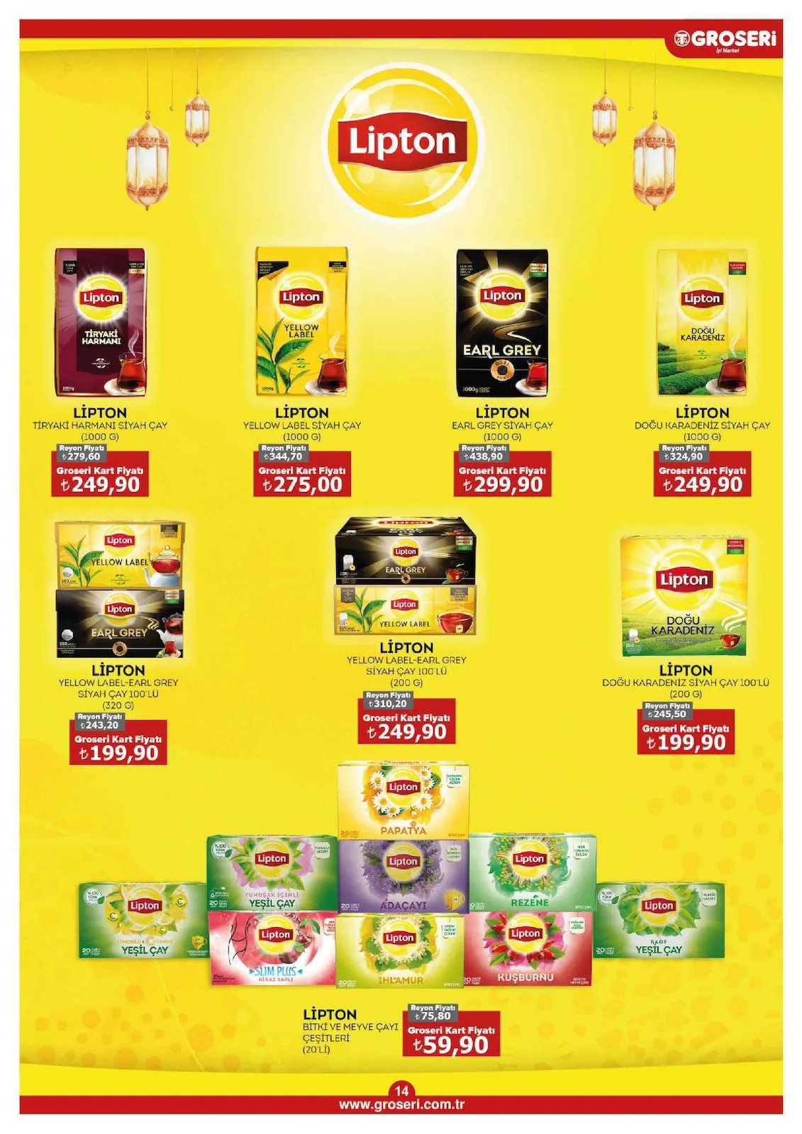 Groseri Groseri 1 Şubat 2026 Aktüel Kataloğu sayfa 14: Lipton Doğu Karadeniz Siyah Çay 100'Lü (200 G), Lipton Earl Grey Siyah Çay (1000 G)