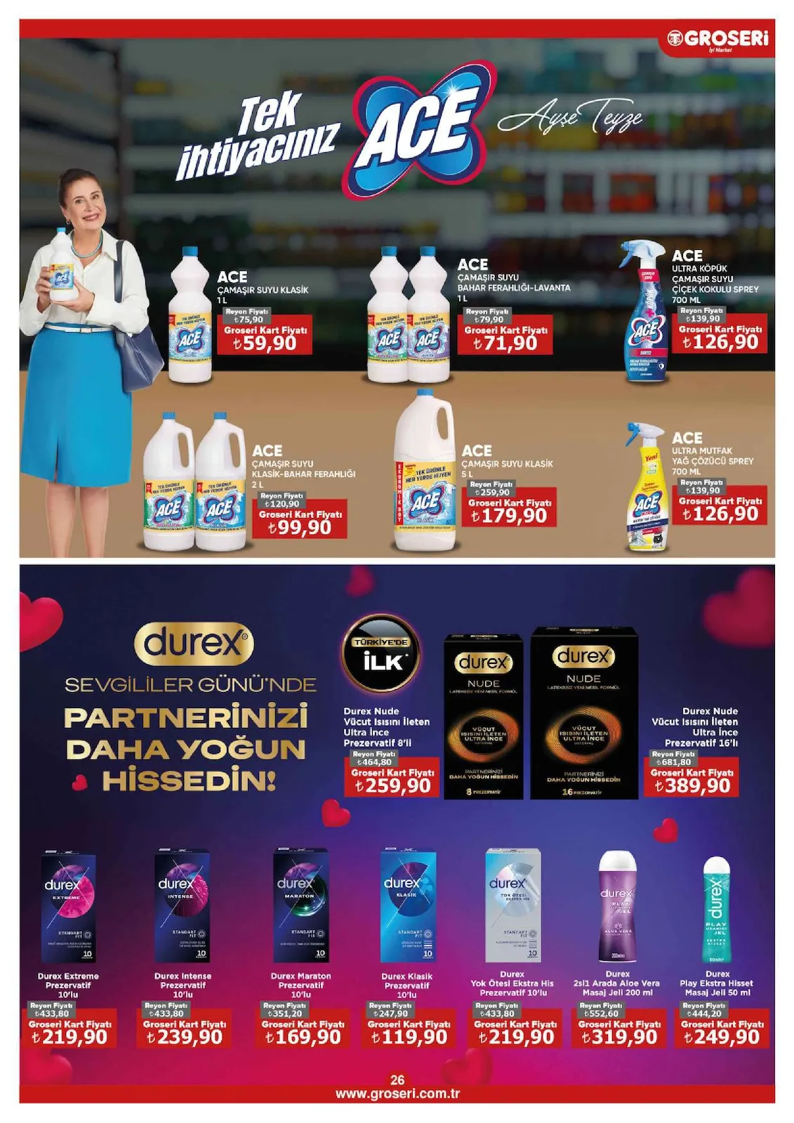 Groseri Groseri 1 Şubat 2026 Aktüel Kataloğu sayfa 26: Durex Maraton Prezervatif 10'Lu, Ace Çamaşır Suyu Bahar Ferahlığı-Lavanta 1 L