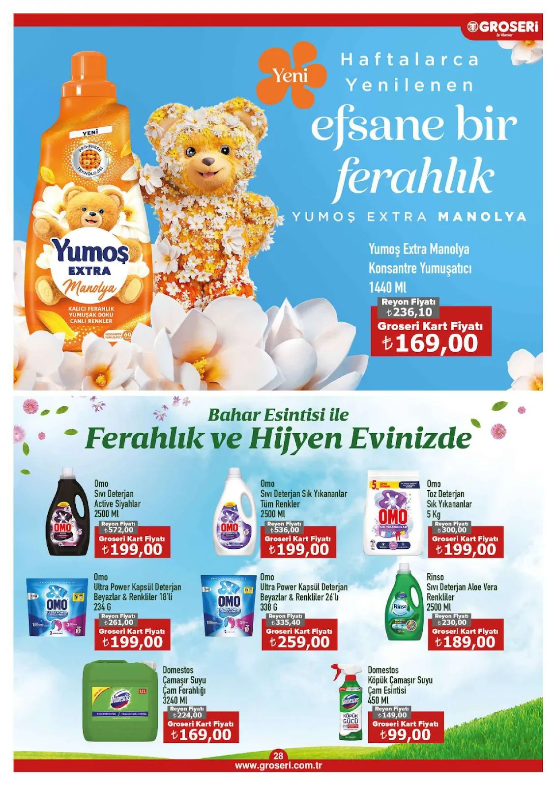 Groseri Groseri 1 Şubat 2026 Aktüel Kataloğu sayfa 28: Omo Toz Deterjan Sık Yıkananlar 5 Kg, Omo Sıvı Deterjan Active Siyahlar 2500 Ml
