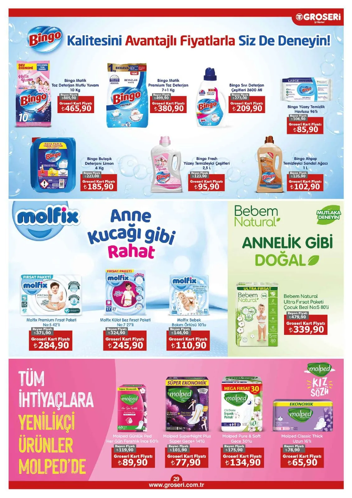 Groseri Groseri 1 Şubat 2026 Aktüel Kataloğu sayfa 29: Bingo Matik Toz Deterjan Mutlu Yuvam 10 Kg, Molfix Külot Bez Fırsat Paketi No:7 27'Li