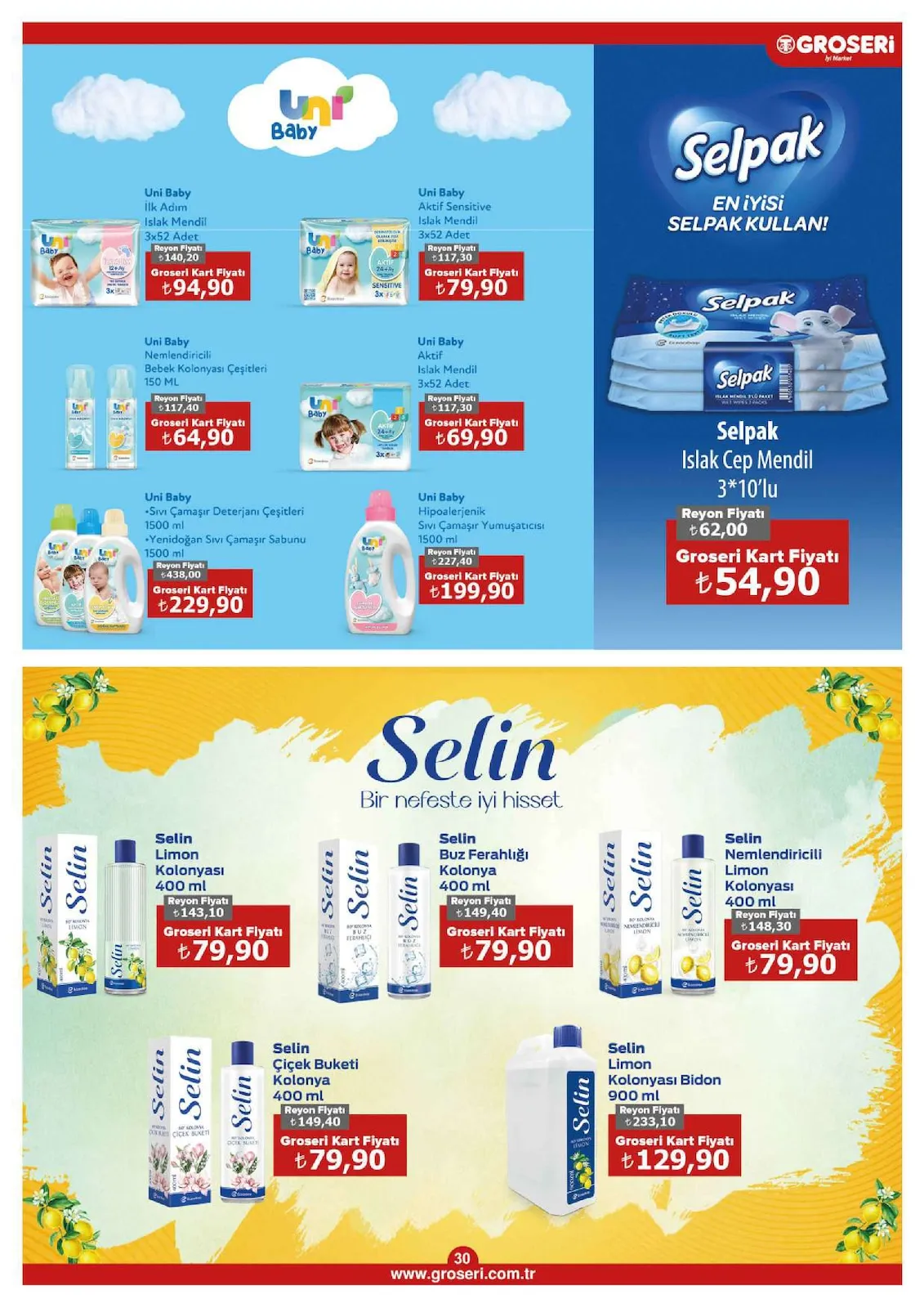 Groseri Groseri 1 Şubat 2026 Aktüel Kataloğu sayfa 30: Uni Baby Sıvı Çamaşır Deterjanı Çeşitleri 1500 Ml, Uni Baby Nemlendirici Bebek Kolonyası Çeşitleri 150 Ml
