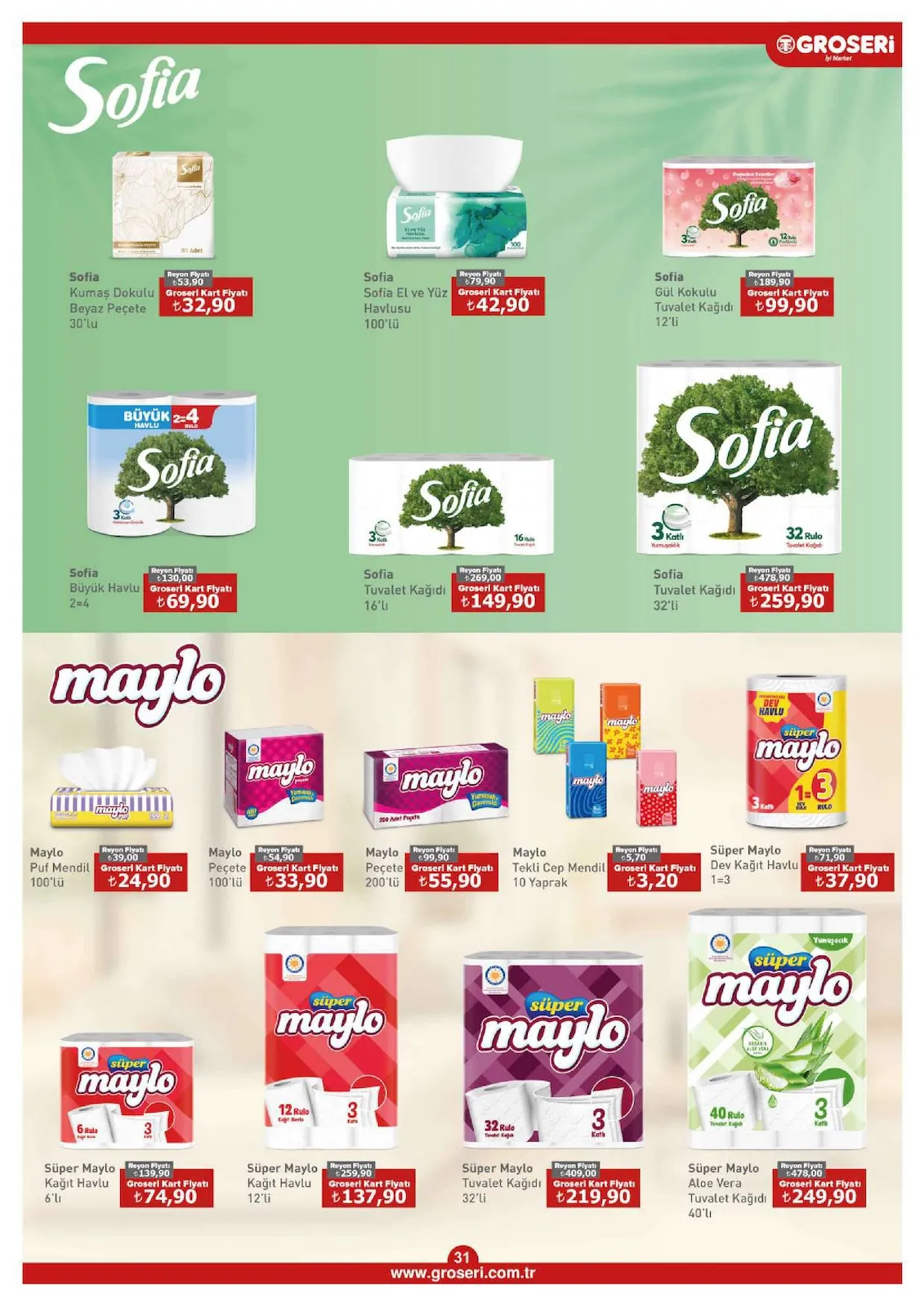 Groseri Groseri 1 Şubat 2026 Aktüel Kataloğu sayfa 31: Sofia Tuvalet Kağıdı 32'Li, Süper Maylo Aloe Vera Tuvalet Kağıdı 40'Lı