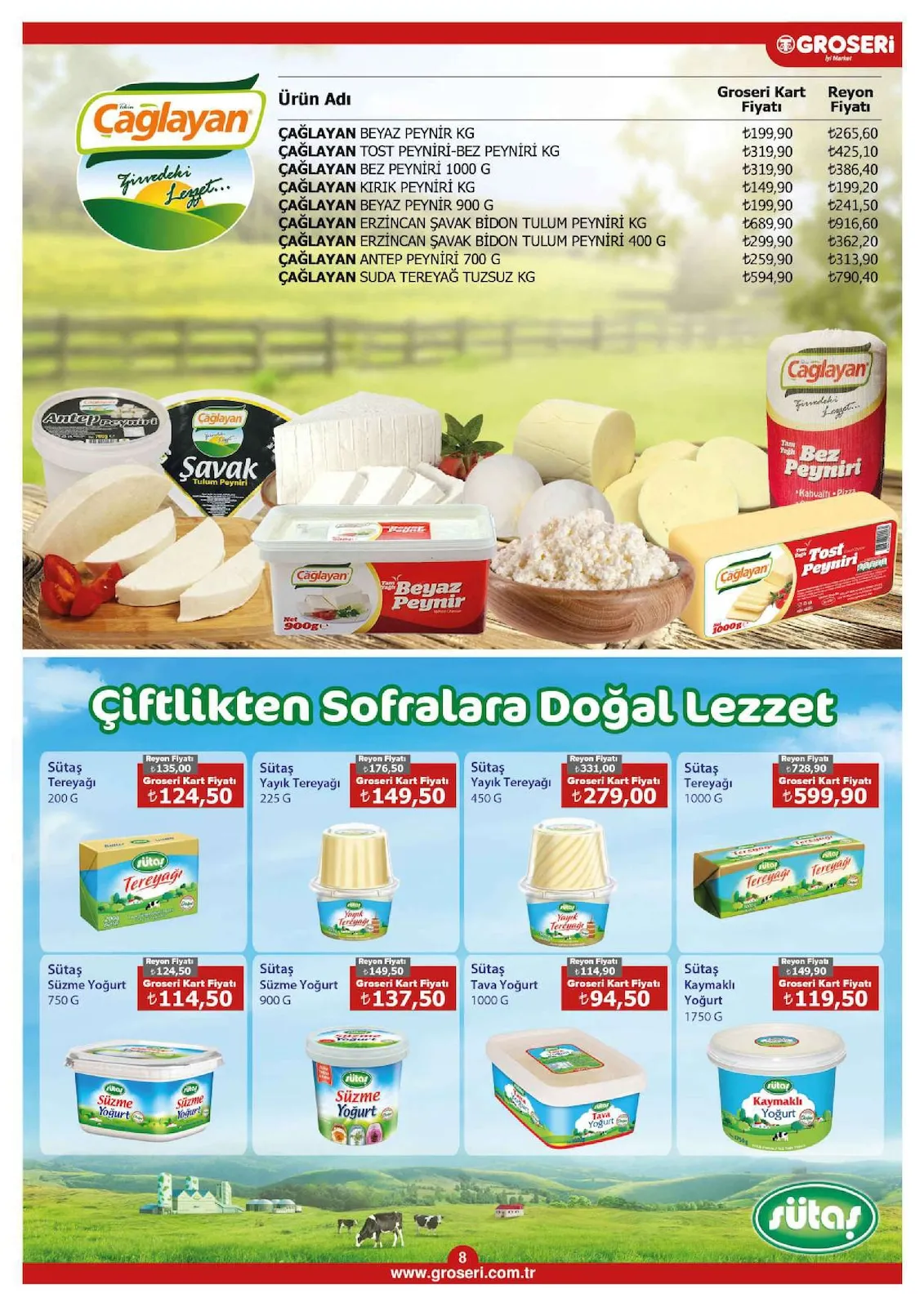 Groseri Groseri 1 Şubat 2026 Aktüel Kataloğu sayfa 8: Sütaş Kaymaklı Yoğurt 1750 G, Sütaş Yayık Tereyağı 450 G