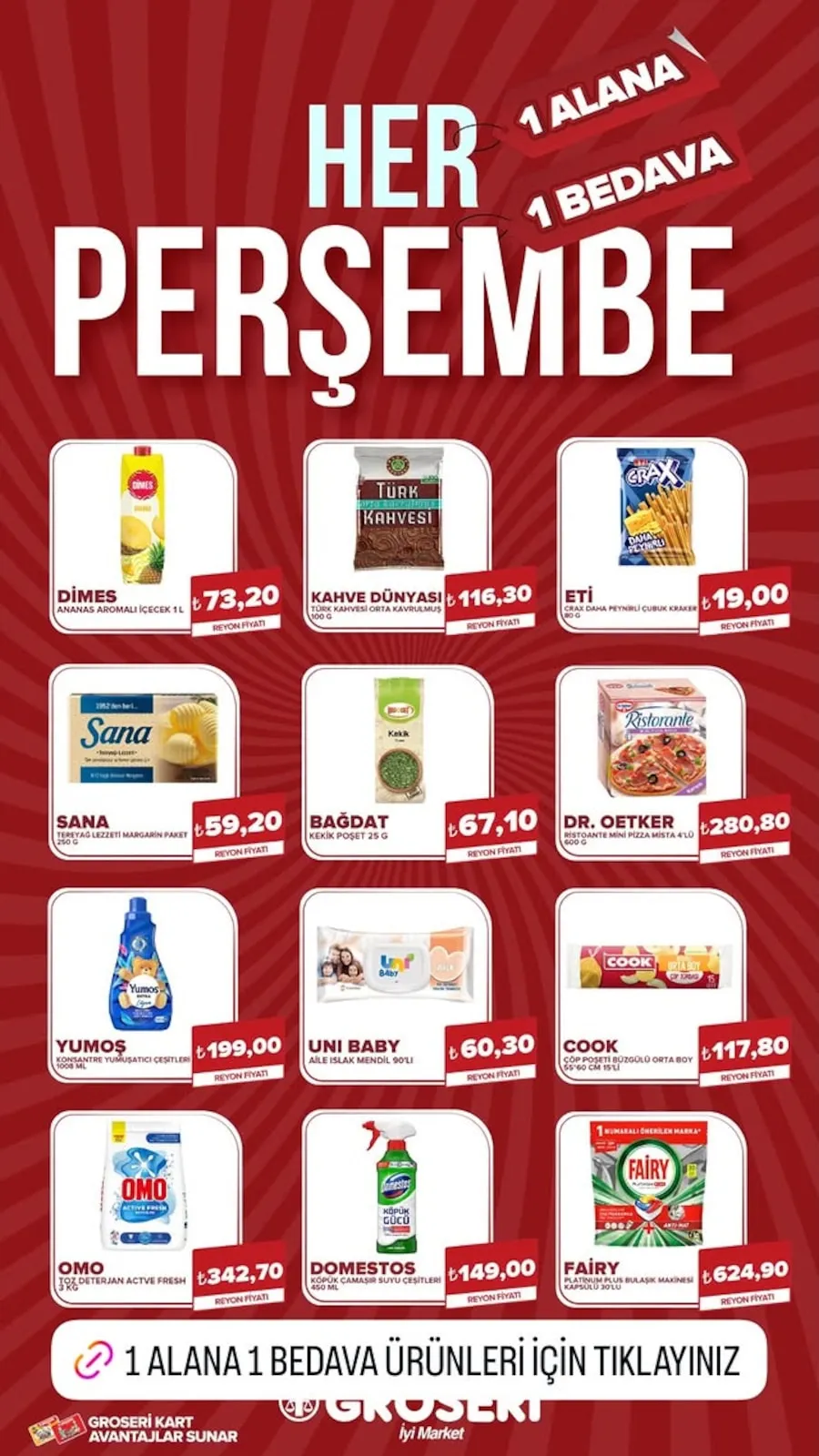 Groseri Groseri 19 Mart 2026 Aktüel Kataloğu sayfa 1: Omo Toz Deterjan Actıve Fresh 3 Kg, Uni Baby Aile Islak Mendil 90'Li