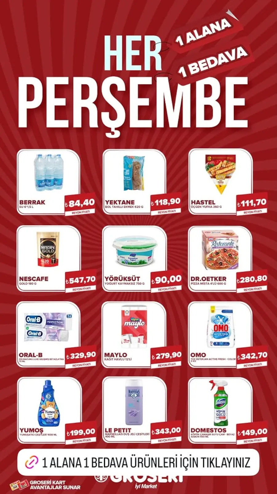 Groseri Groseri 30 Nisan 2026 Aktüel Kataloğu sayfa 1: Yörüksüt Yoğurt Kaymaksız 750 G, Omo Toz Deterjan Active Fresh - Color 3 Kg