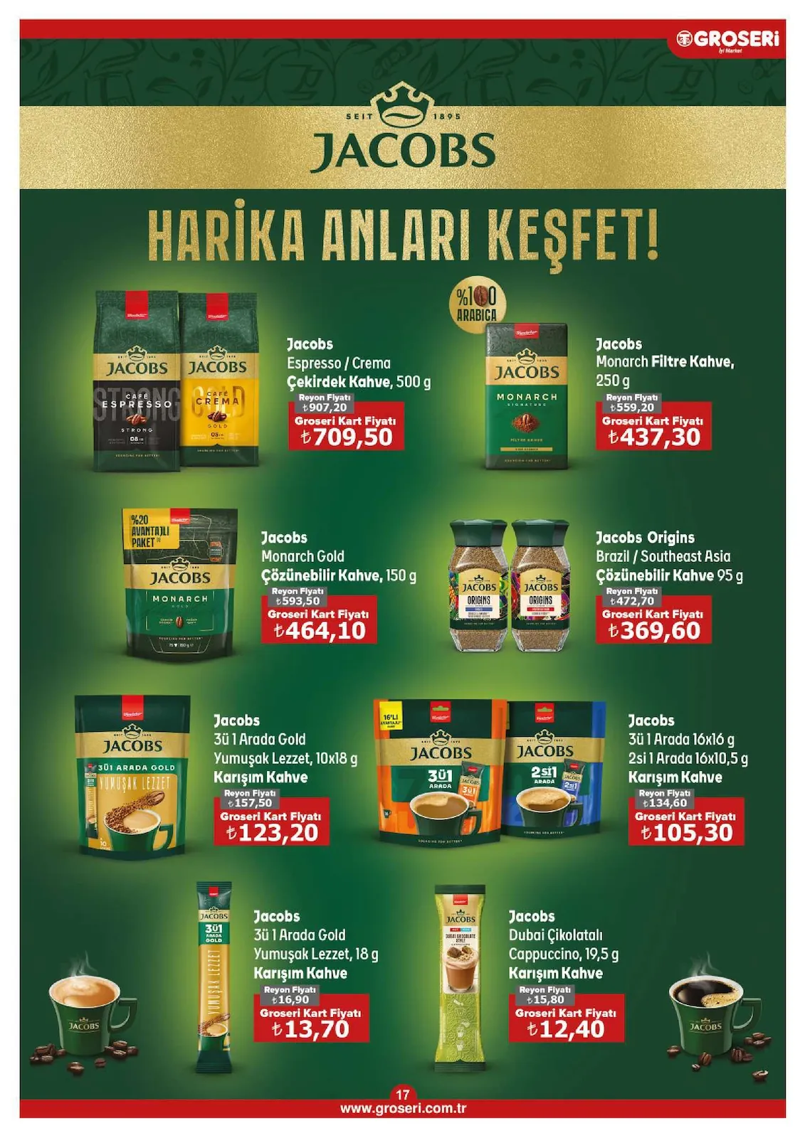 Groseri Groseri 1 Mayıs 2026 Aktüel Kataloğu sayfa 17: Jacobs Origins Brazil / Southeast Asia Çözünebilir Kahve 95 G, Jacobs 3Ü 1 Arada Gold Yumuşak Lezzet, 10X18 G Karışım Kahve