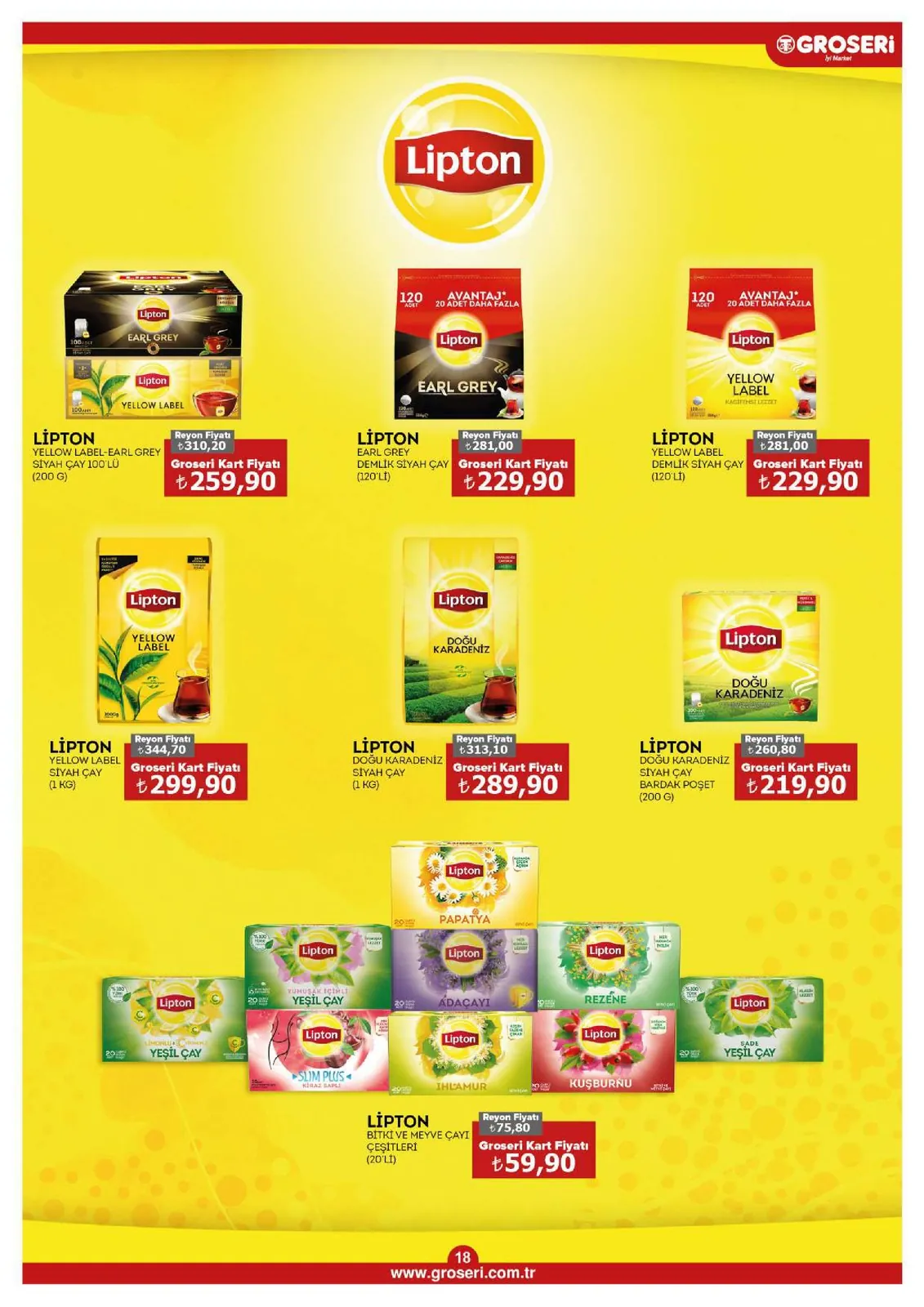 Groseri Groseri 1 Mayıs 2026 Aktüel Kataloğu sayfa 18: Lipton Yellow Label Siyah Çay (1 Kg), Lipton Earl Grey Demlik Siyah Çay (120'Li)