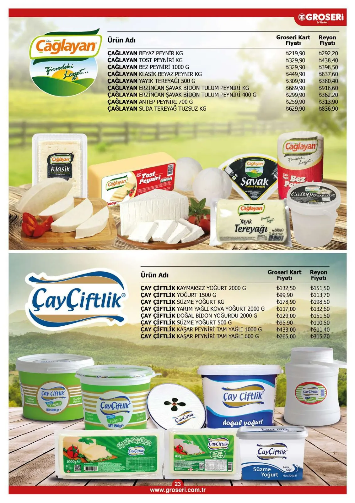 Groseri Groseri 1 Mayıs 2026 Aktüel Kataloğu sayfa 23: Çağlayan Beyaz Peynir 1 Kg, Çağlayan Tost Peyniri Kg