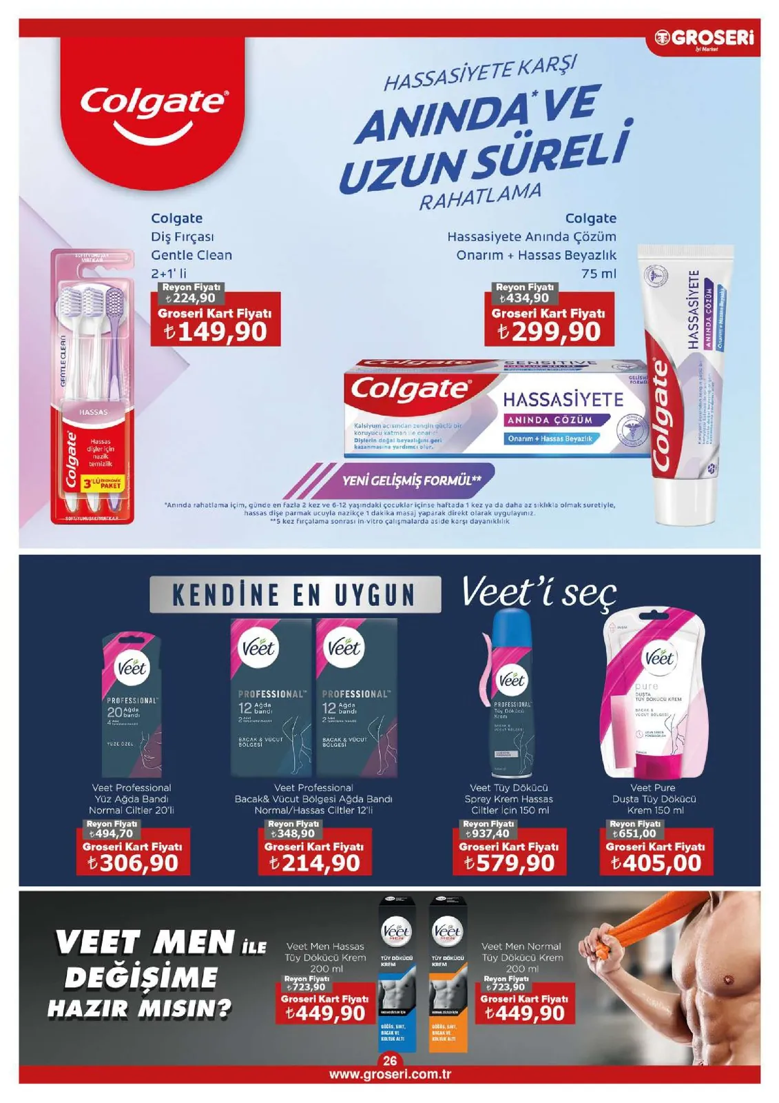 Groseri Groseri 1 Mayıs 2026 Aktüel Kataloğu sayfa 26: Veet Professional Bacak & Vücut Bölgesi Ağda Bandı Normal/Hassas Ciltler 12'Li, Veet Tüy Dökücü Sprey Krem Hassas Ciltler İçin 150 Ml