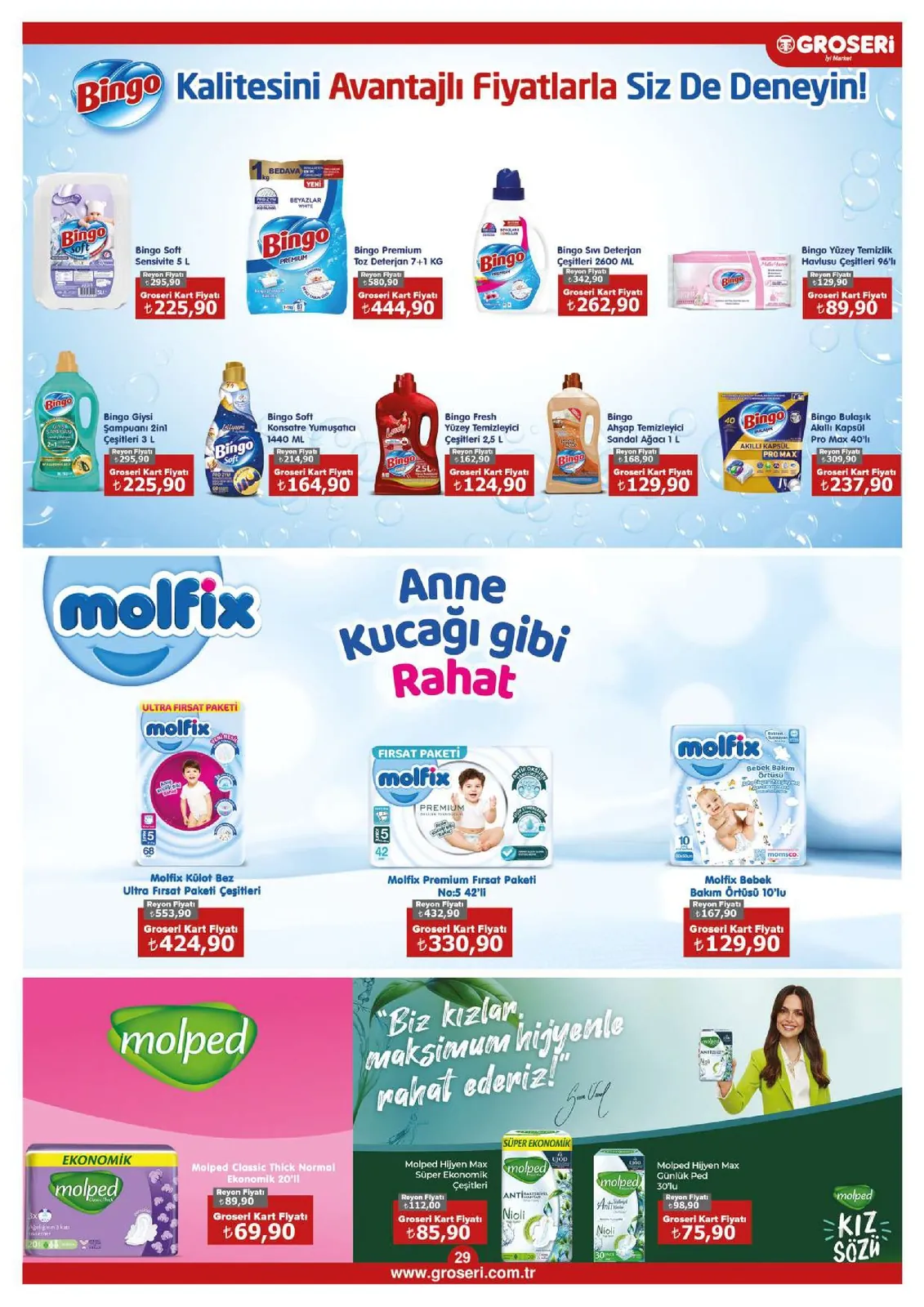 Groseri Groseri 1 Mayıs 2026 Aktüel Kataloğu sayfa 29: Bingo Ahşap Temizleyici Sandal Ağacı 1 L, Bingo Soft Sensivite 5 L
