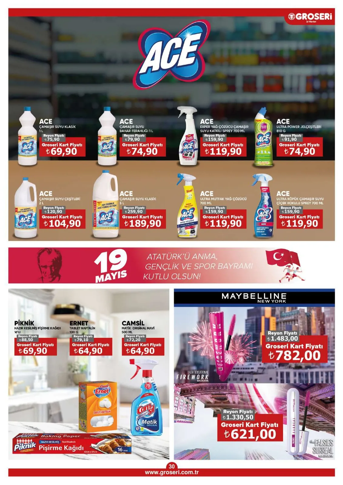 Groseri Groseri 1 Mayıs 2026 Aktüel Kataloğu sayfa 30: Ace Ultra Köpük Çamaşir Suyuçiçek Kokulu Sprey 700 Ml, Ace Ultra Mutfak Yağ Çözücü 700 Ml