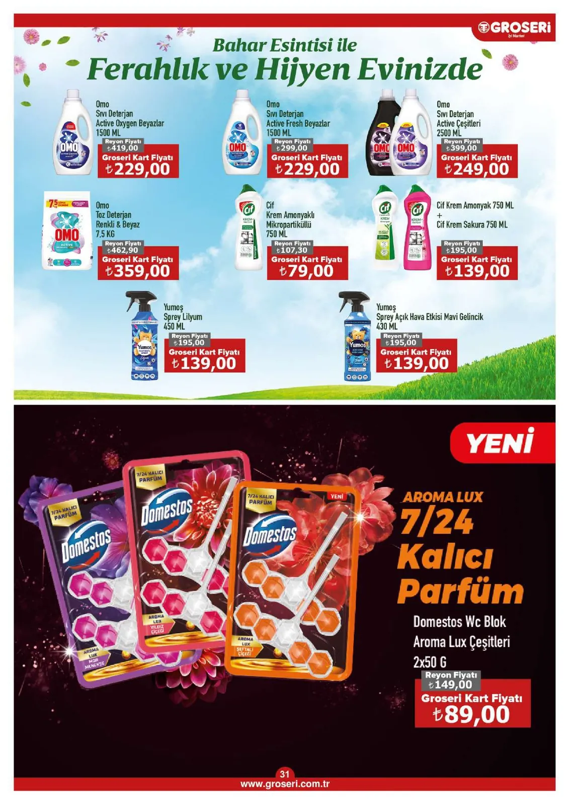 Groseri Groseri 1 Mayıs 2026 Aktüel Kataloğu sayfa 31: Omo Sıvı Deterjan Active Oxygen Beyazlar 1500 Ml, Omo Sıvı Deterjan Active Çeşitleri 2500 Ml