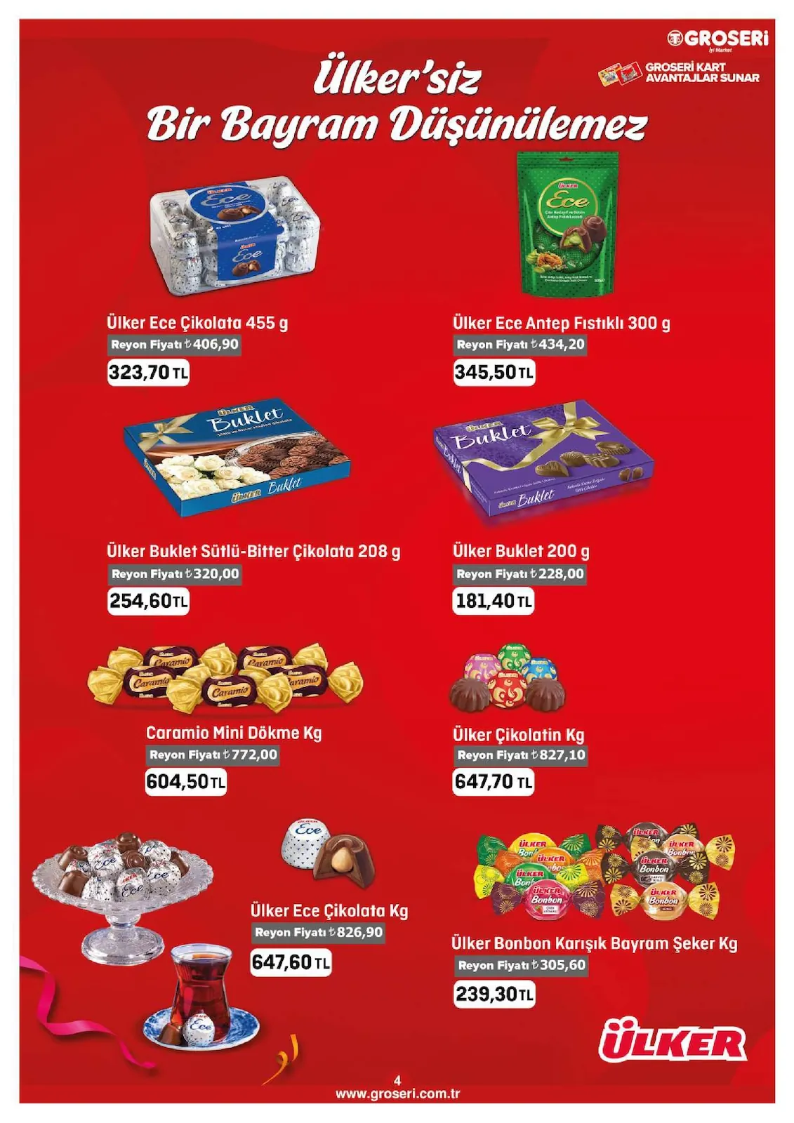 Groseri Groseri 1 Mayıs 2026 Aktüel Kataloğu sayfa 4: Ülker Bonbon Karışık Bayram Şeker Kg, Ülker Çikolatin Kg
