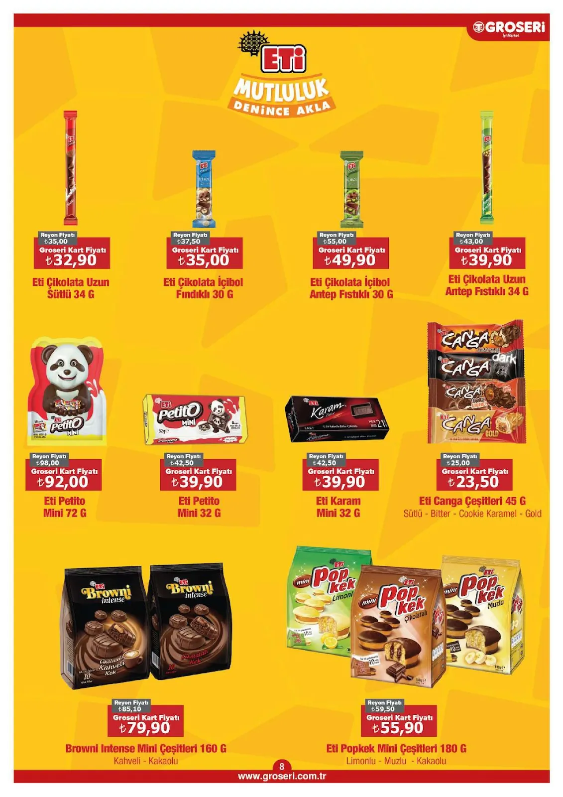 Groseri Groseri 1 Mayıs 2026 Aktüel Kataloğu sayfa 8: Eti Popkek Mini Çeşitleri 180 G, Eti Canga Çeşitleri 45 G