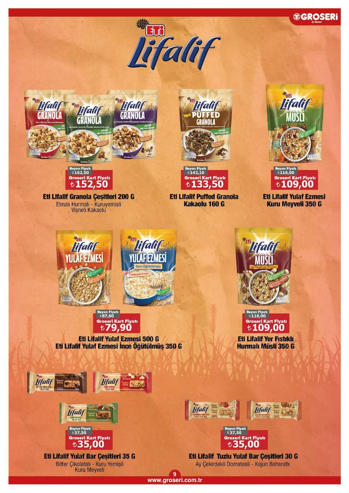 Groseri Groseri 1 Mayıs 2026 Aktüel Kataloğu sayfa 9: Eti Lifalif Tuzlu Yulaf Bar Çeşitleri 30G, Eti Lifalif Puffed Granola Kakaolu 160G