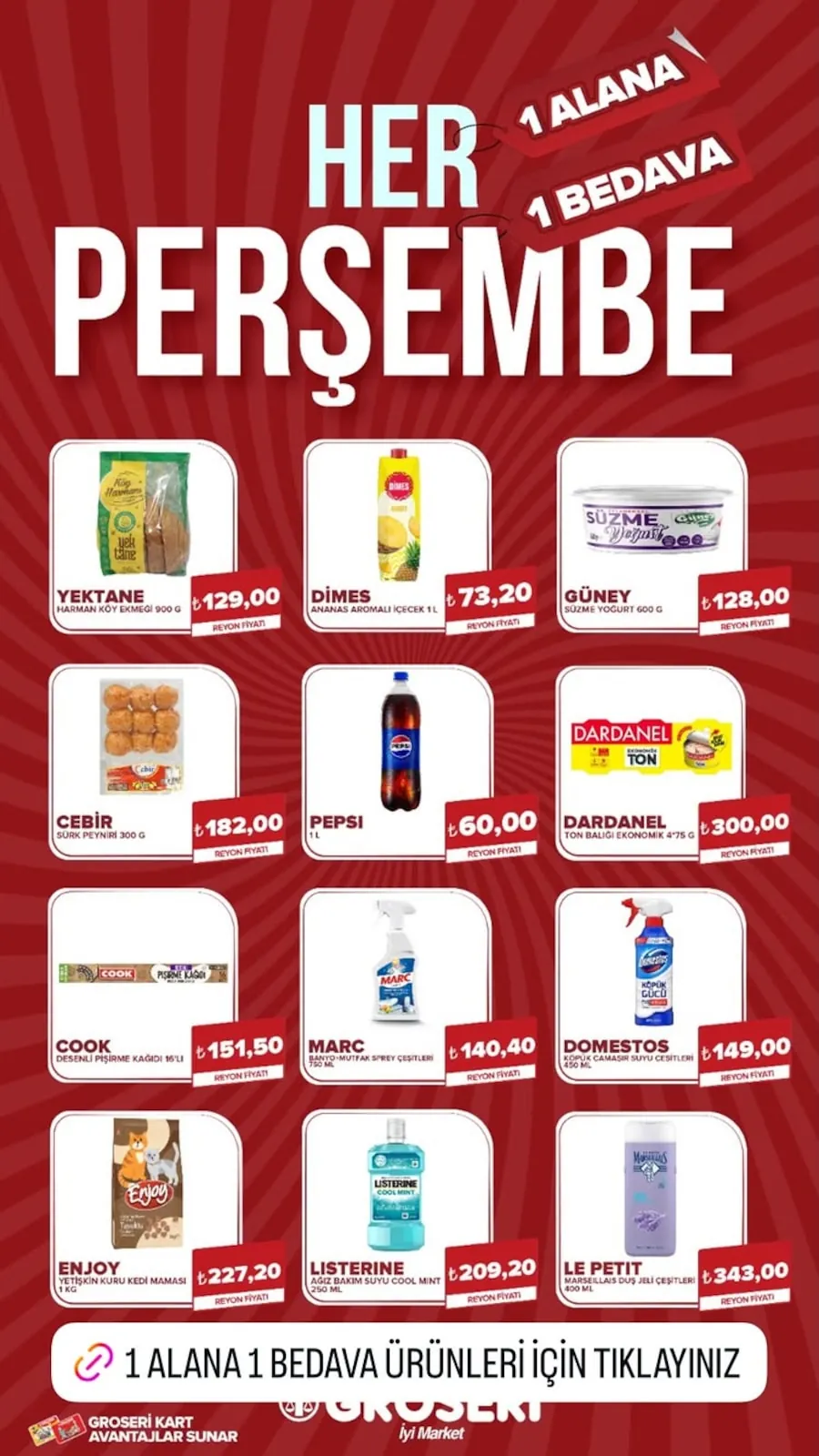 Groseri Groseri 14 Mayıs 2026 Aktüel Kataloğu sayfa 1: Enjoy Yetişkin Kuru Kedi Mamasi 1 Kg, Yektane Harman Köy Ekmeği 900 G