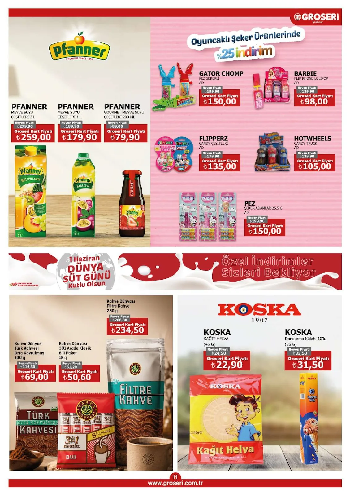 Groseri Groseri 1 Haziran 2026 Aktüel Kataloğu sayfa 11: Koska Kağıt Helva (45 G), Flipperz Candy Çeşitleri