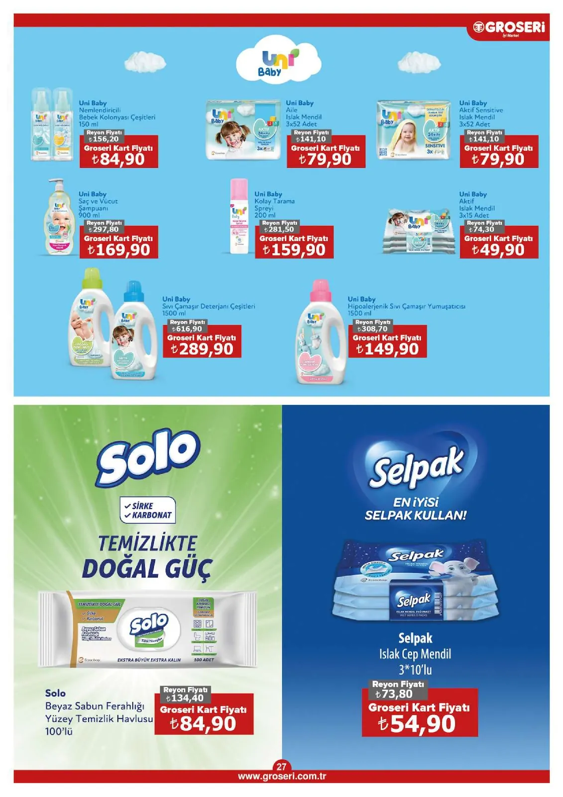 Groseri Groseri 1 Haziran 2026 Aktüel Kataloğu sayfa 27: Uni Baby Hipoalerjenik Sıvı Çamaşır Yumuşatıcısı 1500 Ml, Uni Baby Aktif Sensitive Islak Mendil 3X52 Adet