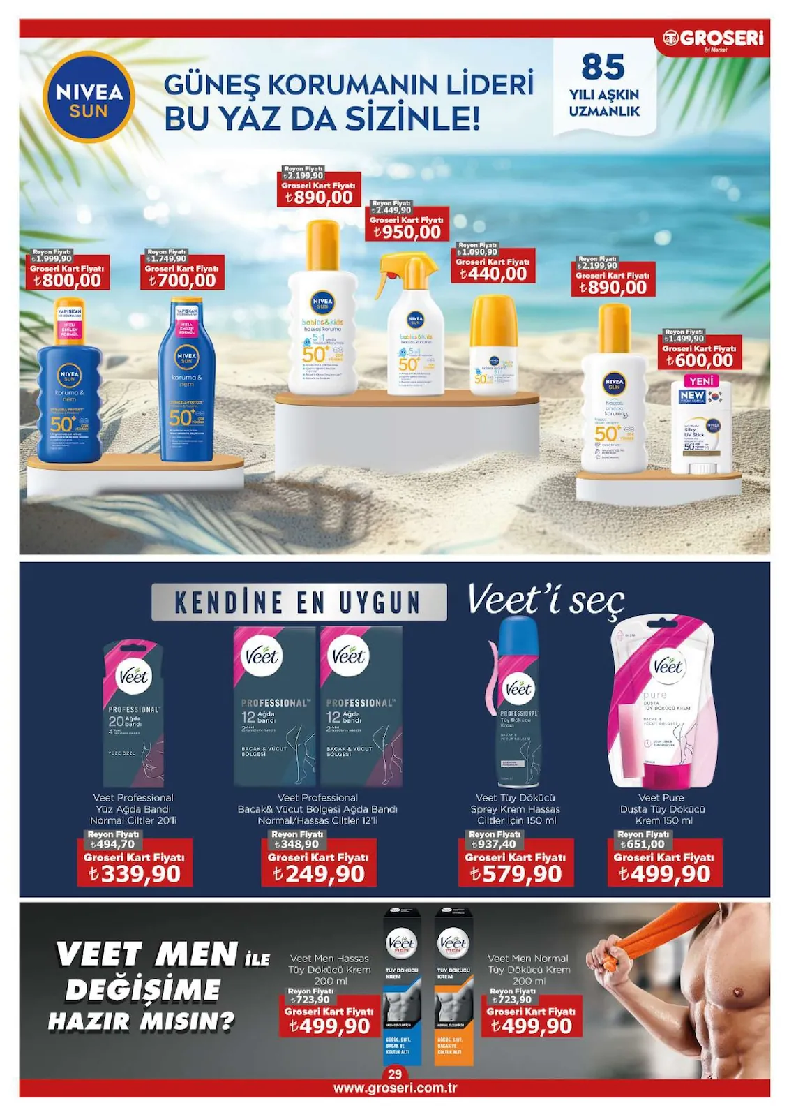 Groseri Groseri 1 Haziran 2026 Aktüel Kataloğu sayfa 29: Veet Professional Ayak Ve Vücut Bölgesi Ağda Bandı Normal/Hassas Cilter 12'Li, Nivea Sun Koruma & Nem Extracell-Protect Güneş Kremi Spf50
