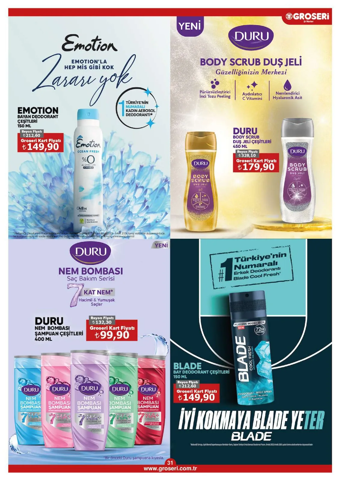 Groseri Groseri 1 Haziran 2026 Aktüel Kataloğu sayfa 31: Duru Nem Bombasi Saç Bakım Şampuanı 400Ml, Duru Body Scrub Duş Jeli Çeşitleri 450Ml
