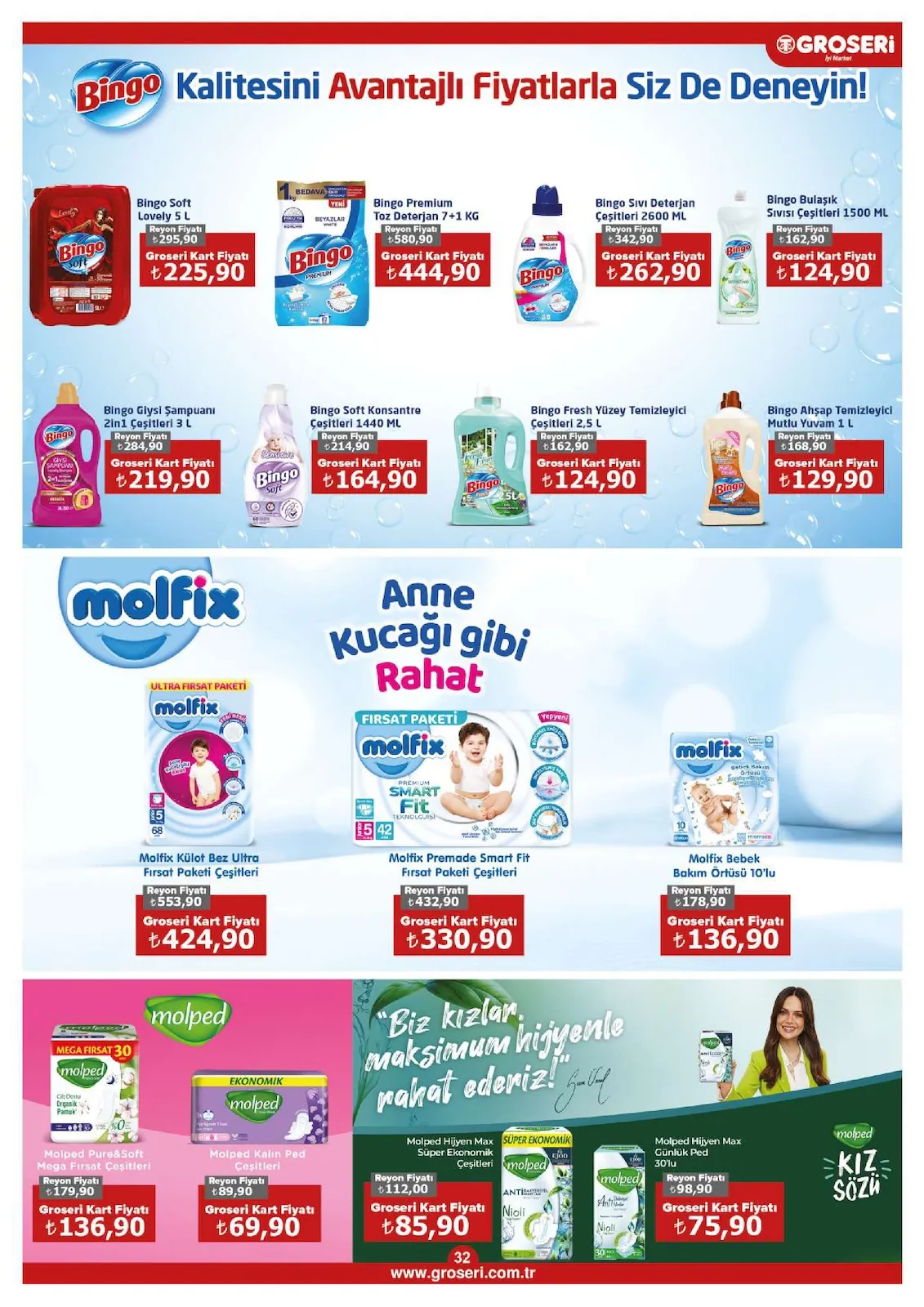 Groseri Groseri 1 Haziran 2026 Aktüel Kataloğu sayfa 32: Bingo Soft Konsantre Çeşitleri 1440 Ml, Molped Pure&Soft Mega Fırsat Çeşitleri