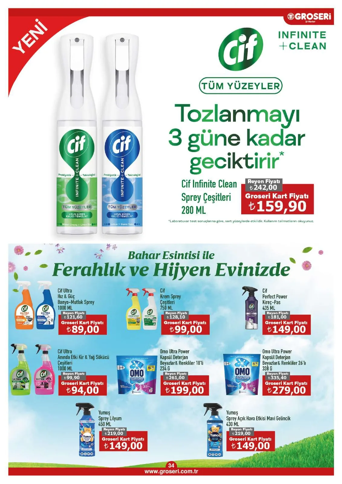 Groseri Groseri 1 Haziran 2026 Aktüel Kataloğu sayfa 34: Cif Ultra Hız & Güç Banyo-Mutfak Sprey 1000 Ml, Omo Ultra Power Kapsül Deterjan Beyazlar& Renkliler 26'Lı 338 G
