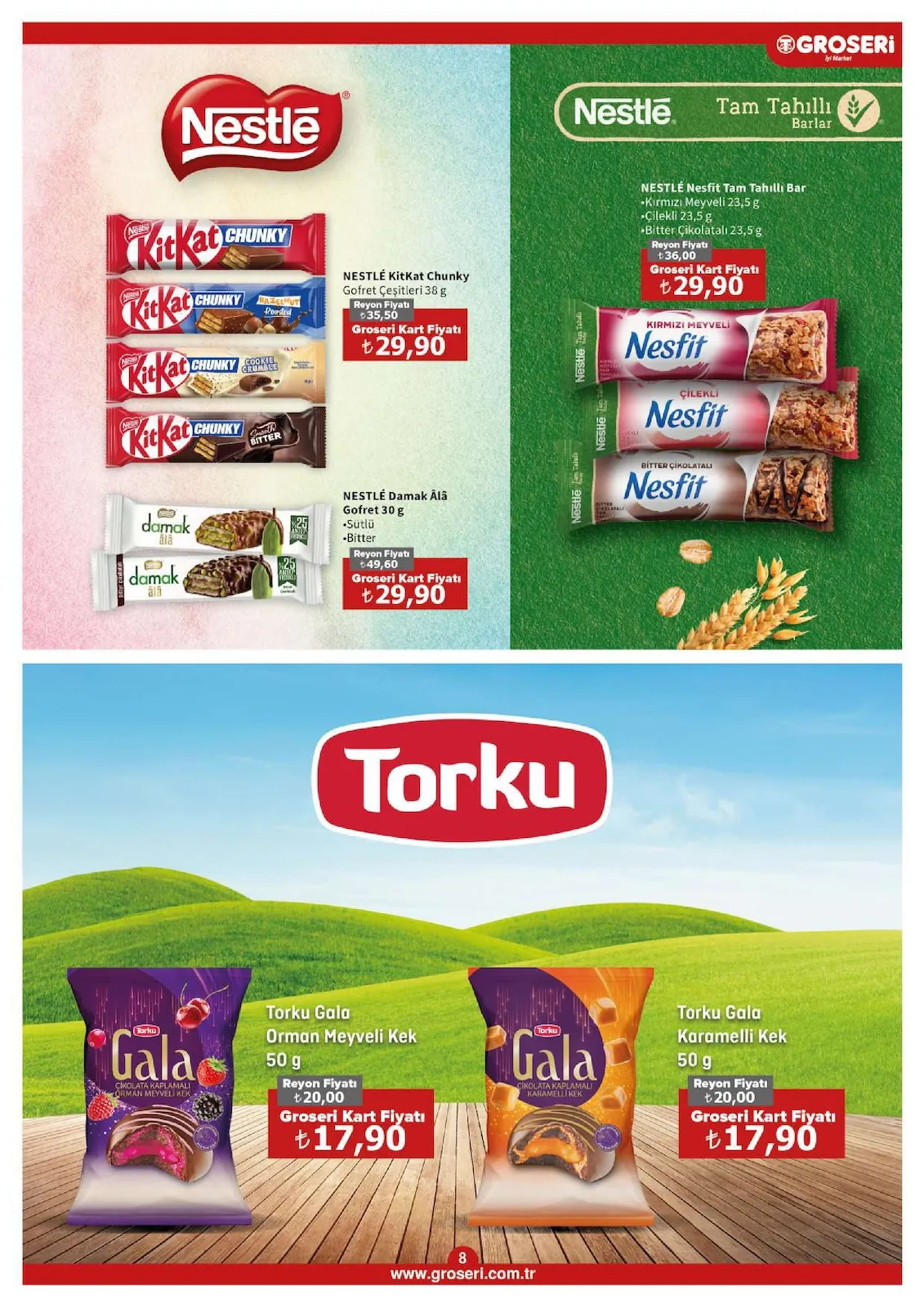 Groseri Groseri 1 Haziran 2026 Aktüel Kataloğu sayfa 8: Nestlé Nesfit Tam Tahıllı Bar Kırmızı Meyveli 23,5 G, Nestlé Damak Alâ Gofret 30 G