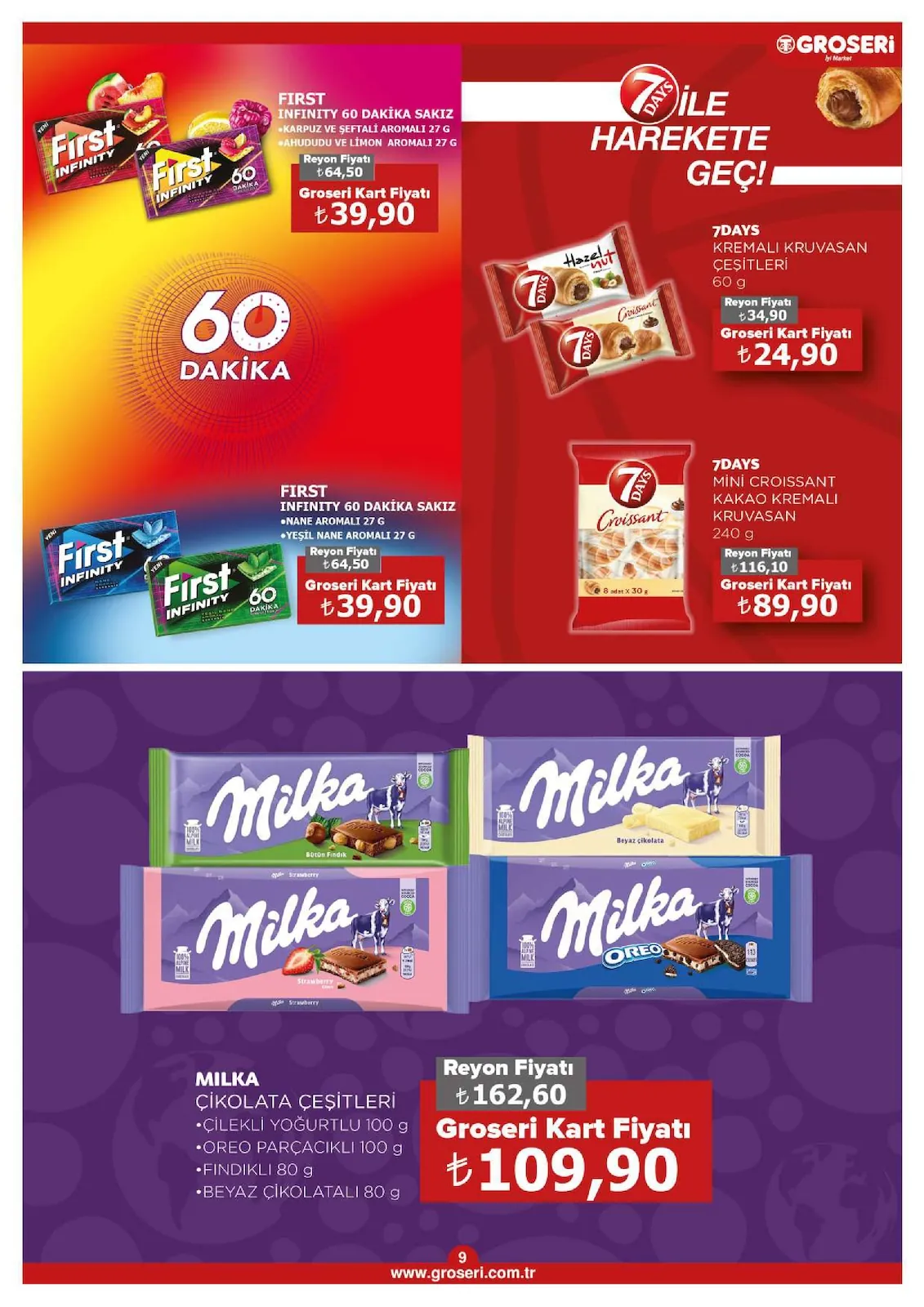 Groseri Groseri 1 Haziran 2026 Aktüel Kataloğu sayfa 9: Milka Çikolata Çeşitleri, First Infinity 60 Dakika Sakız