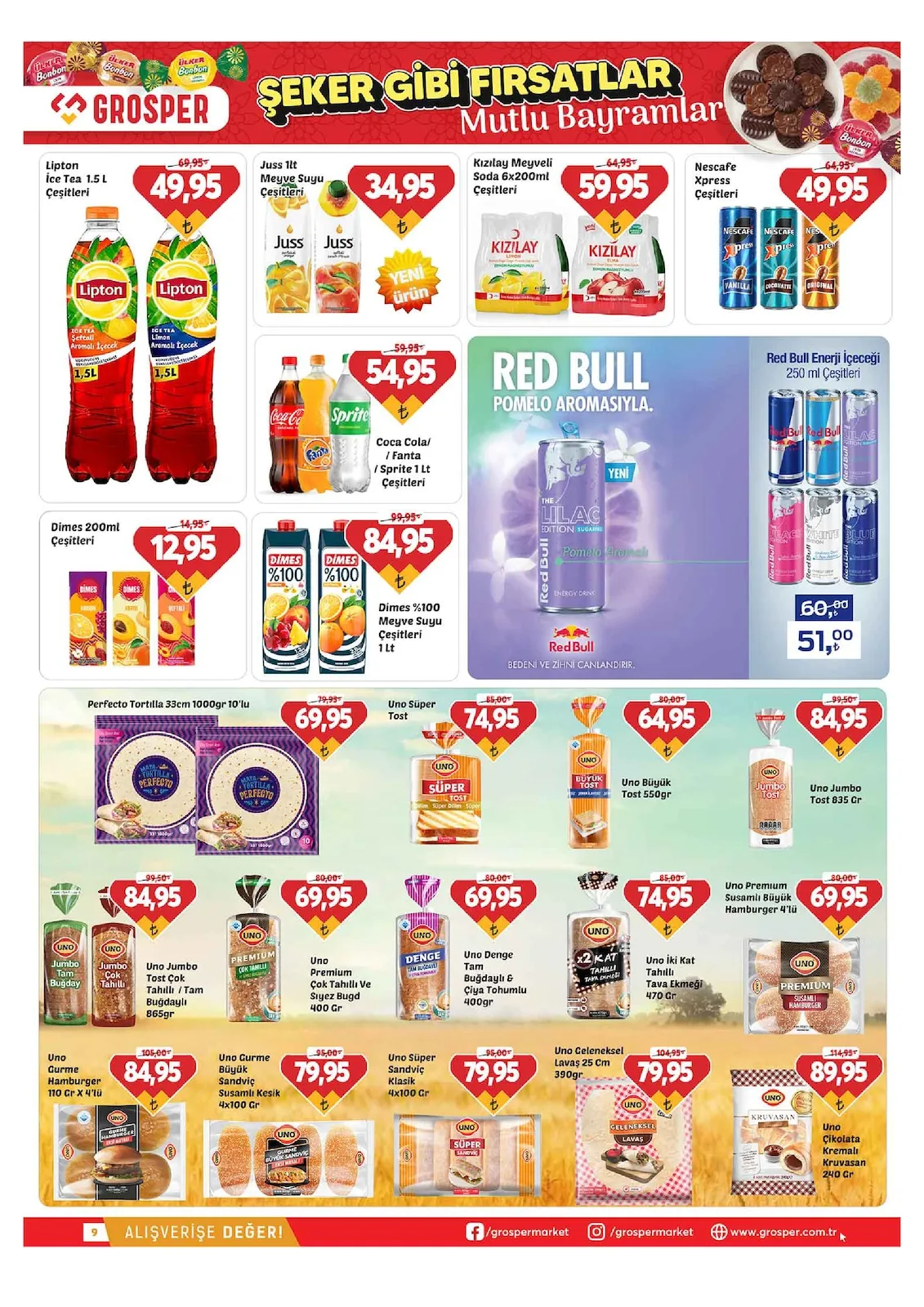 Grosper Grosper 13 Mart 2026 Aktüel Kataloğu sayfa 9: Uno Iki Kat Tahilli Tava Ekmegi 470 Gr, Coca Cola/ Fanta / Sprite 1 Lt Çeşitleri
