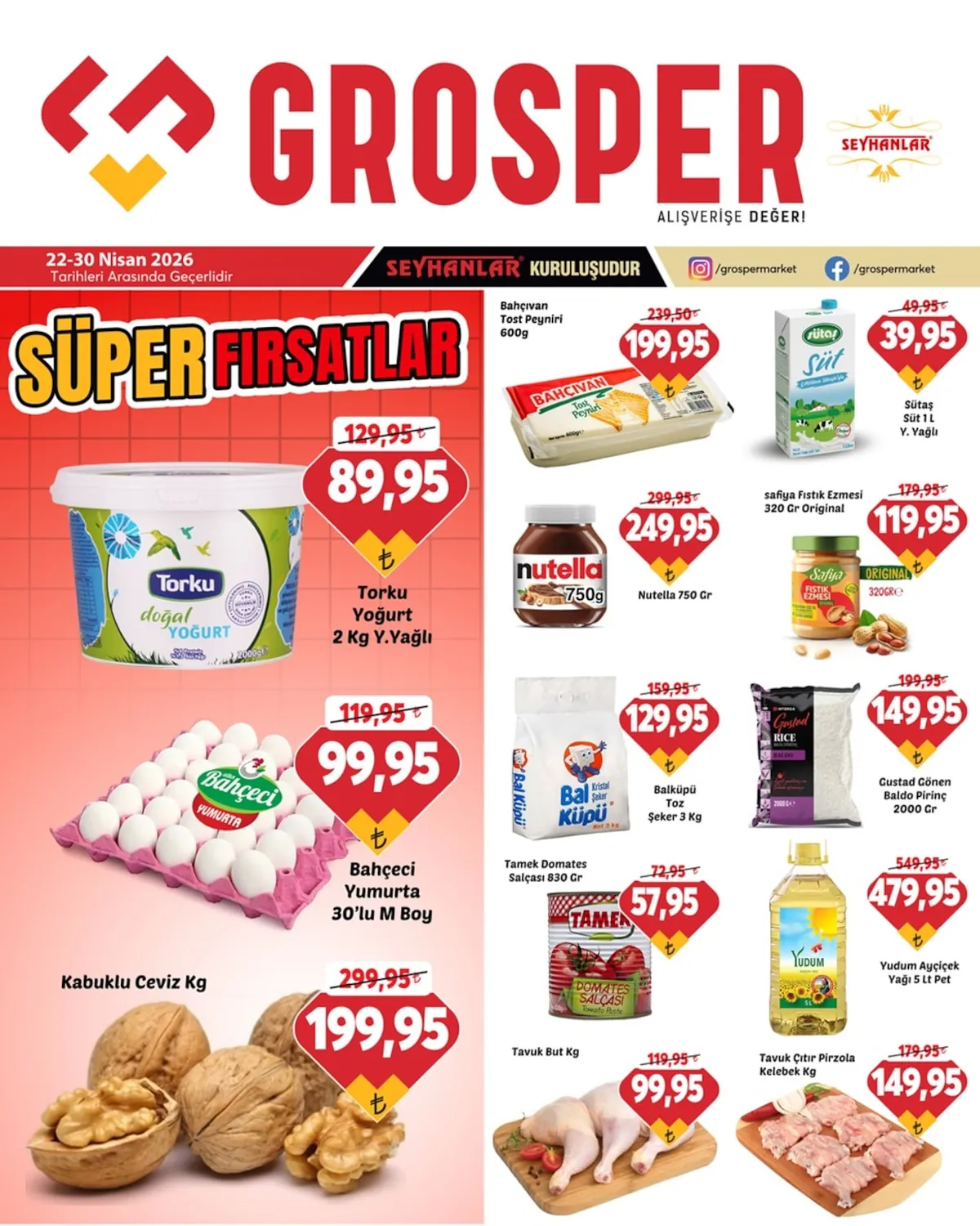 Grosper Grosper 22 Nisan 2026 Aktüel Kataloğu sayfa 1: Safiya Fıstık Ezmesi 320 Gr Original, Gustad Gönen Baldo Pirinç 2000 Gr