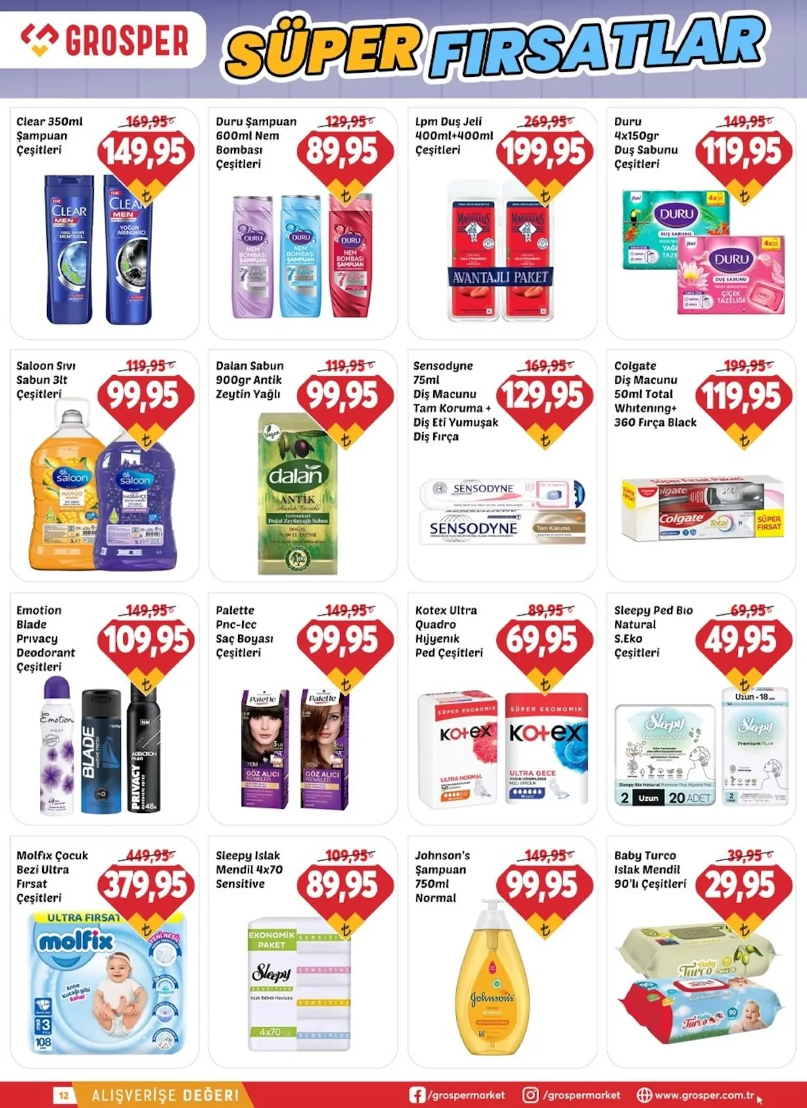 Grosper Grosper 22 Nisan 2026 Aktüel Kataloğu sayfa 12: Dalan Sabun 900Gr Antik Zeytin Yağlı, Johnson'S Şampuan 750Ml Normal