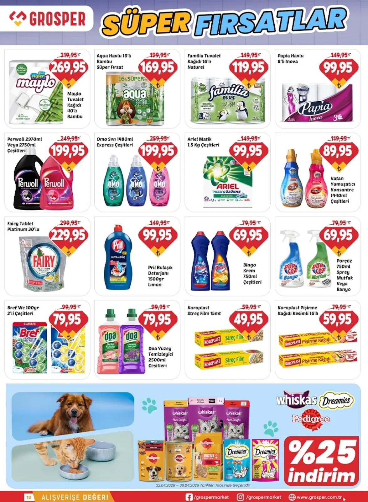 Grosper Grosper 22 Nisan 2026 Aktüel Kataloğu sayfa 13: Vatan Yumuşatici Konsantre 1440Ml Çeşitleri, Porçöz 750Ml Sprey Mutfak Veya Banyo