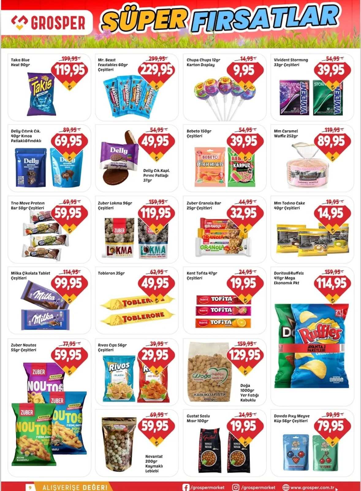 Grosper Grosper 22 Nisan 2026 Aktüel Kataloğu sayfa 9: Doritos&Ruffles 411Gr Mega Ekonomik Pkt, Doğa 1000Gr Yer Fıstığı Kabuklu