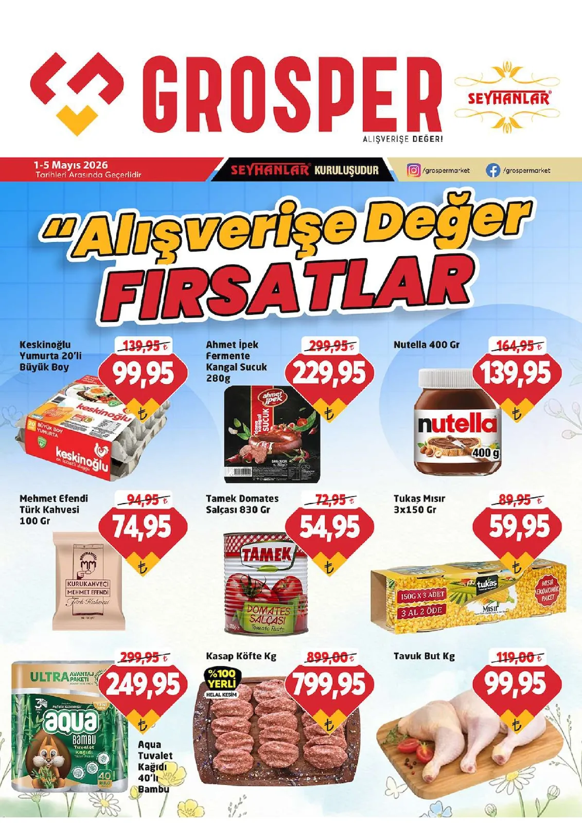 Grosper Grosper 1 Mayıs 2026 Aktüel Kataloğu sayfa 1: Keskinoglu Yumurta 20Li Buyuk Boy, Aqua Tuvalet Kagi̇Di 40'Li Bambu