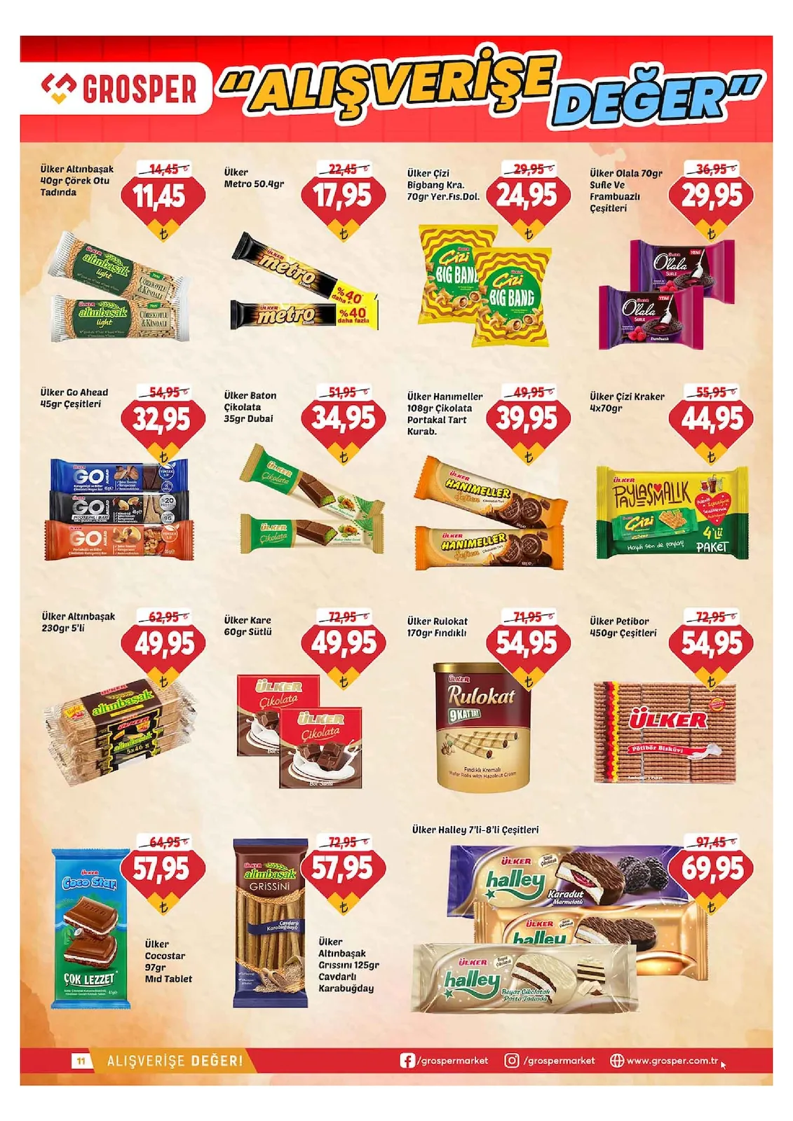 Grosper Grosper 6 Mayıs 2026 Aktüel Kataloğu sayfa 11: Ülker Olala 70Gr Sufle Ve Frambuazlı Çeşitleri, Ülker Çizi Bigbang Kra. 70Gr Yer.Fis.Dol.
