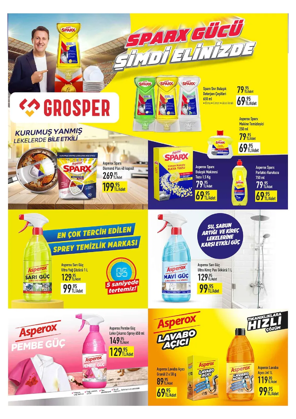 Grosper Grosper 6 Mayıs 2026 Aktüel Kataloğu sayfa 15: Asperox Sparx Parlatici Kurutucu 750Ml, Asperox Lavabo Acici Jel 1L