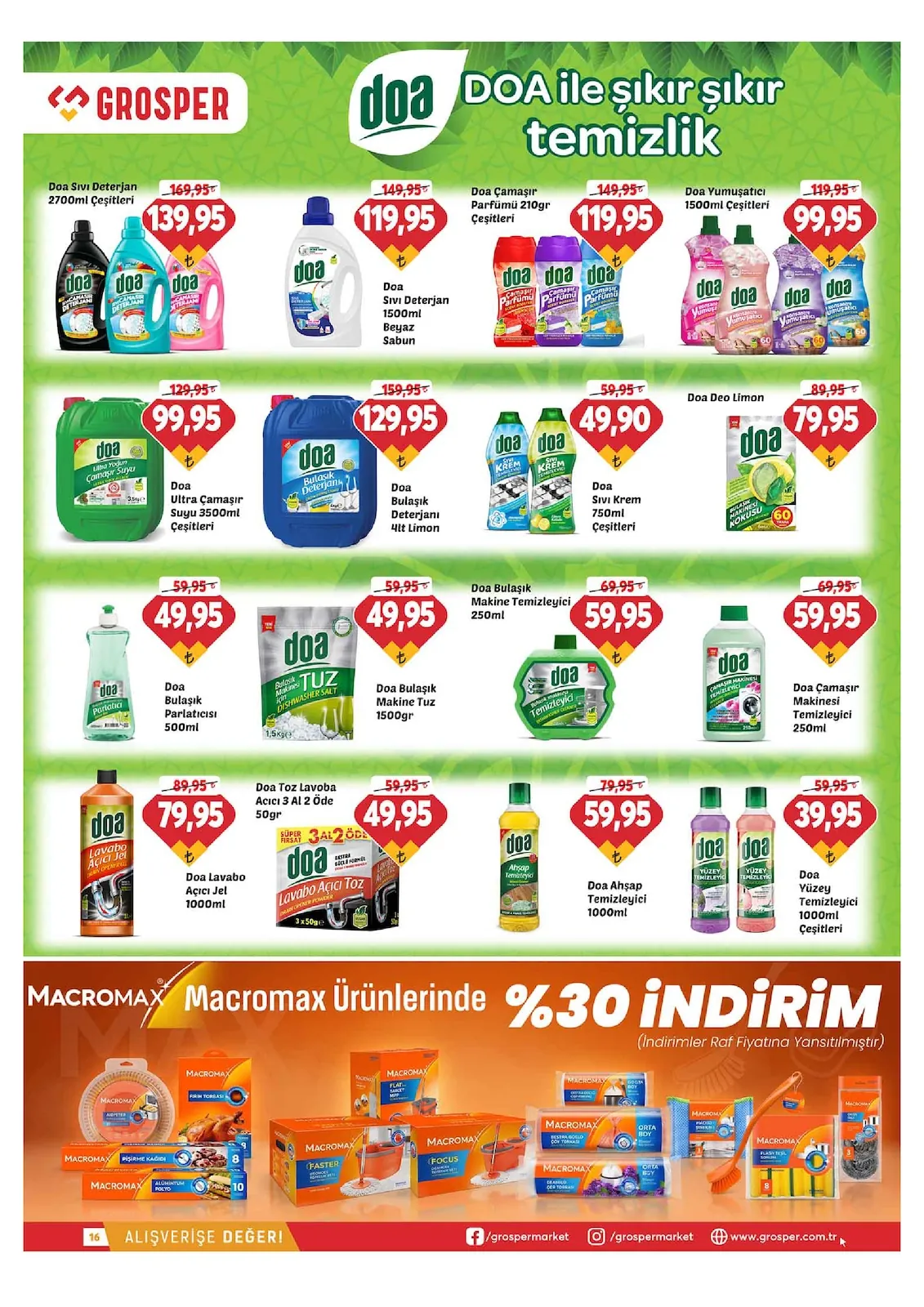 Grosper Grosper 6 Mayıs 2026 Aktüel Kataloğu sayfa 16: Doa Sıvı Deterjan 2700Ml, Doa Sıvı Krem Temizleyici 750Ml