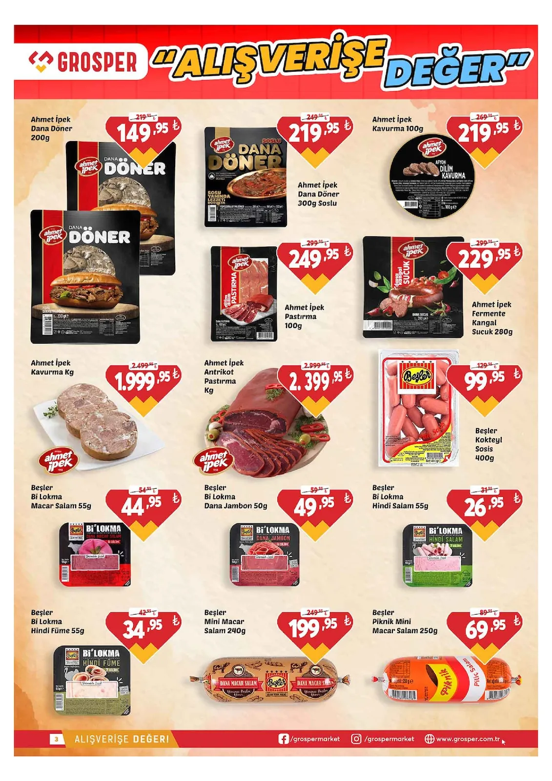 Grosper Grosper 6 Mayıs 2026 Aktüel Kataloğu sayfa 3: Beşler Bi Lokma Hindi Salam 55G, Beşler Kokteyl Sosis 400G