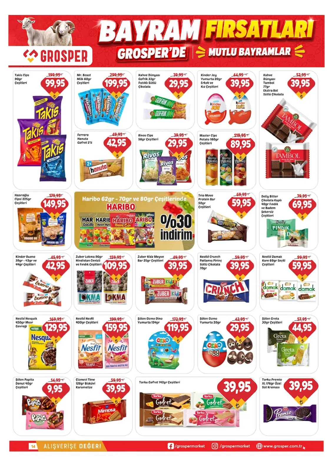 Grosper Grosper 20 Mayıs 2026 Aktüel Kataloğu sayfa 14: Kinder Bueno 39Gr - 43Gr Ve 44Gr Çeşitleri, Kahve Dünyası Tambol 77Gr Ekstra Bol Sütlü Çikolata