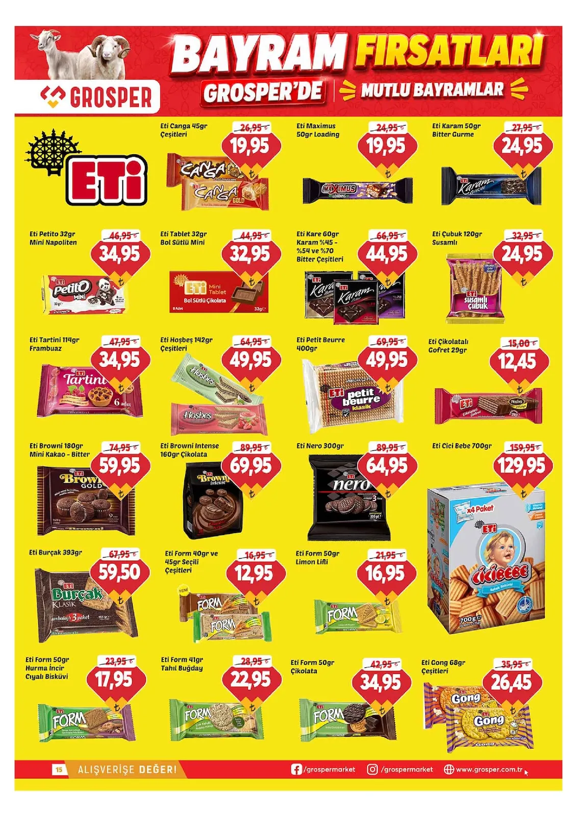 Grosper Grosper 20 Mayıs 2026 Aktüel Kataloğu sayfa 15: Eti Kare 60Gr Karam Çeşitleri, Eti Tablet 32Gr Bol Sütlü Mini